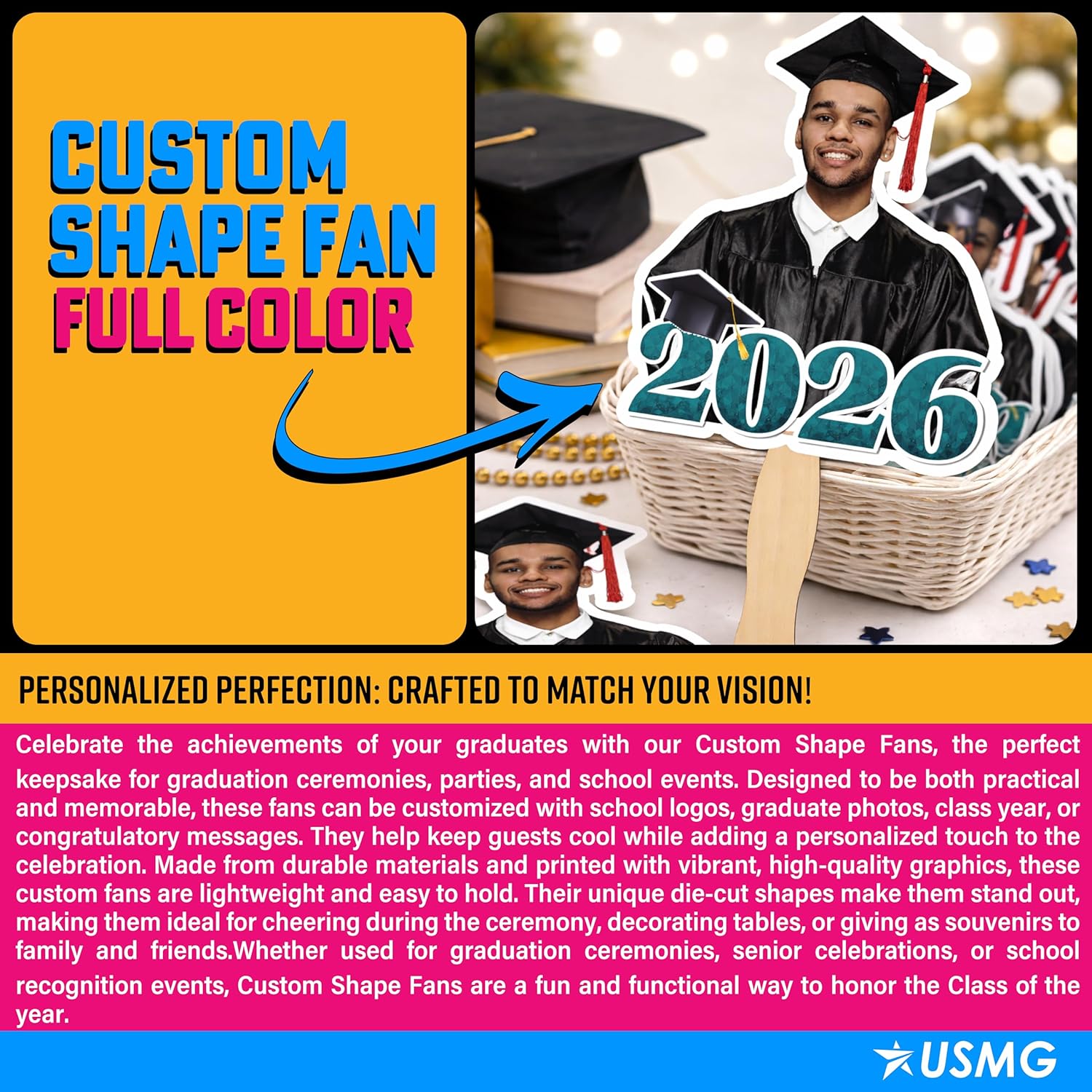 Keeping it Cool: Personalized 2026 Graduation Hand Fans – 8"x8", Customized in the USA, Ideal for Grads, Party Favors & Keepsakes (Qty 36)