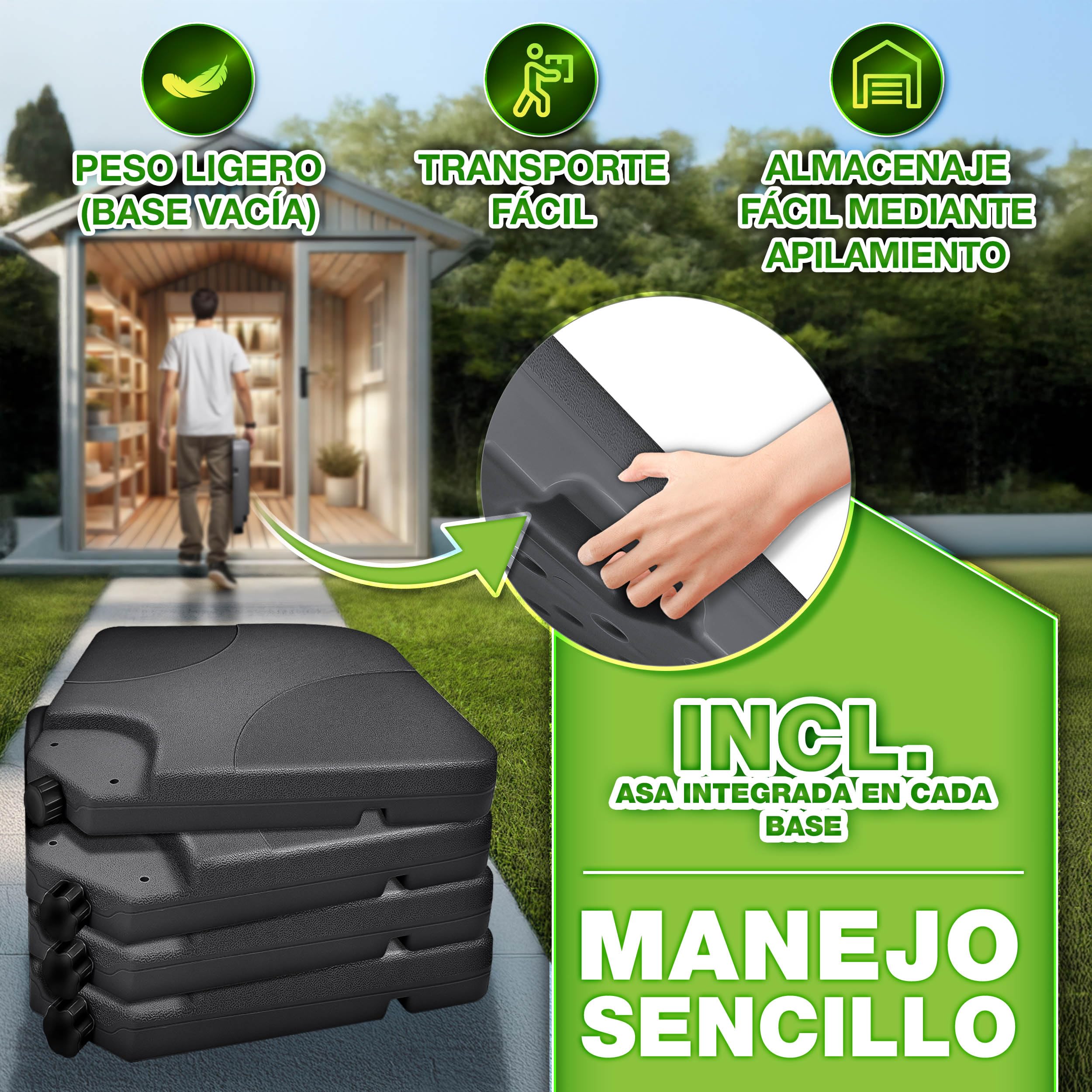 tillvex Soporte para sombrilla de 60 litros / 80 kg – 4 piezas para sombrilla de poste, incluye conectores metálicos | Peso de la sombrilla rellenable con agua o arena | Soporte para sombrilla de