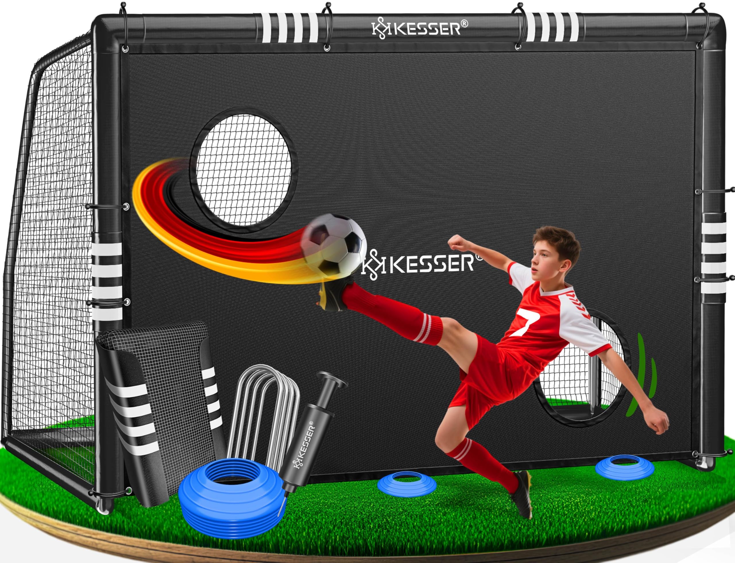 KESSER® Porta da calcio – Porta da calcio di alta qualità 300 cm, allenamento tiro allenamento rete resistente ai raggi UV, telaio in acciaio con imbottitura, picchetti per terra, pompa ad aria