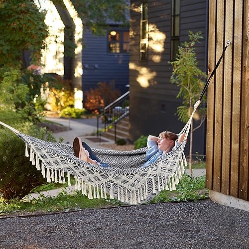 Miniatura 7 de Hamaca de Patio con Borlas, Hamacas de Jardín con Bolsa de Transporte Portátil, Detalle de Macramé Deluxe para Patio, Jardín, Patio Trasero, Playa,