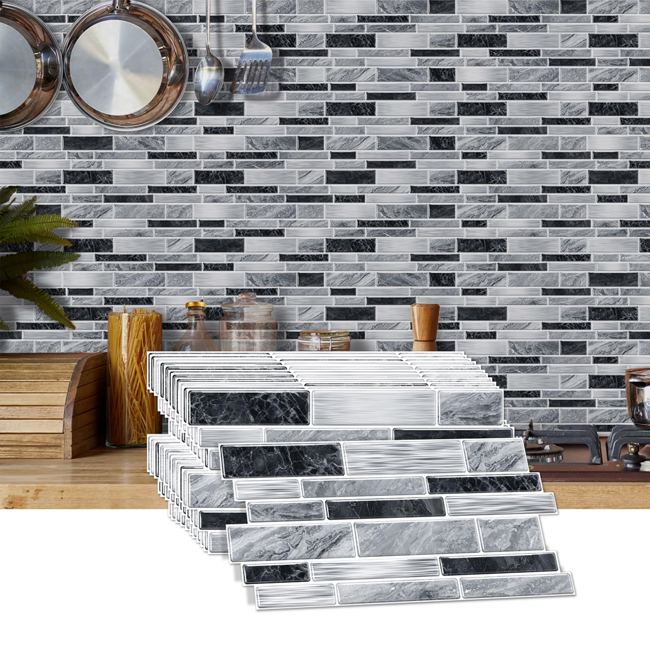 12 Piezas Azulejos Adhesivos Cocina, Pegatinas de Pared 12cm x 24.6cm Vinilos de Pared Decorativos Baño Vinilo Suelo (Efecto Piedra)