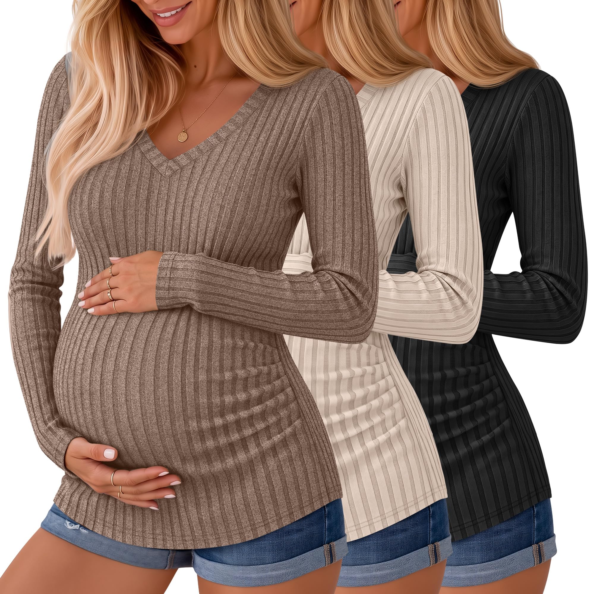 Ficerd 3 Pack Women Maternity Ribbed Long Sleeve Sweater Shirts