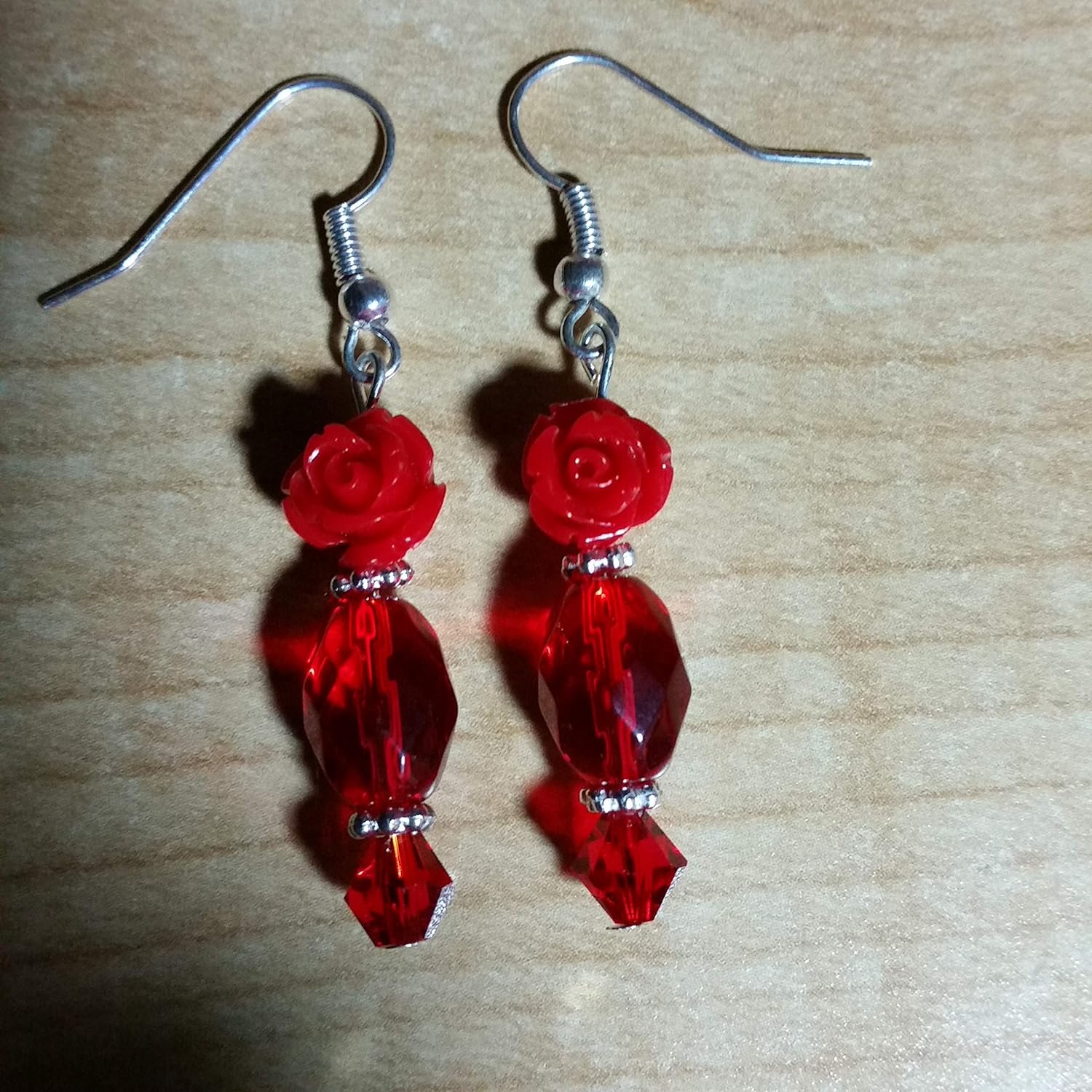 Red Rose Flower Crystal Earrings - Valentine's Day Red Jewelry Christmas Birthday Gift Jewelry - Handmade Dangle Earrings - Image 2