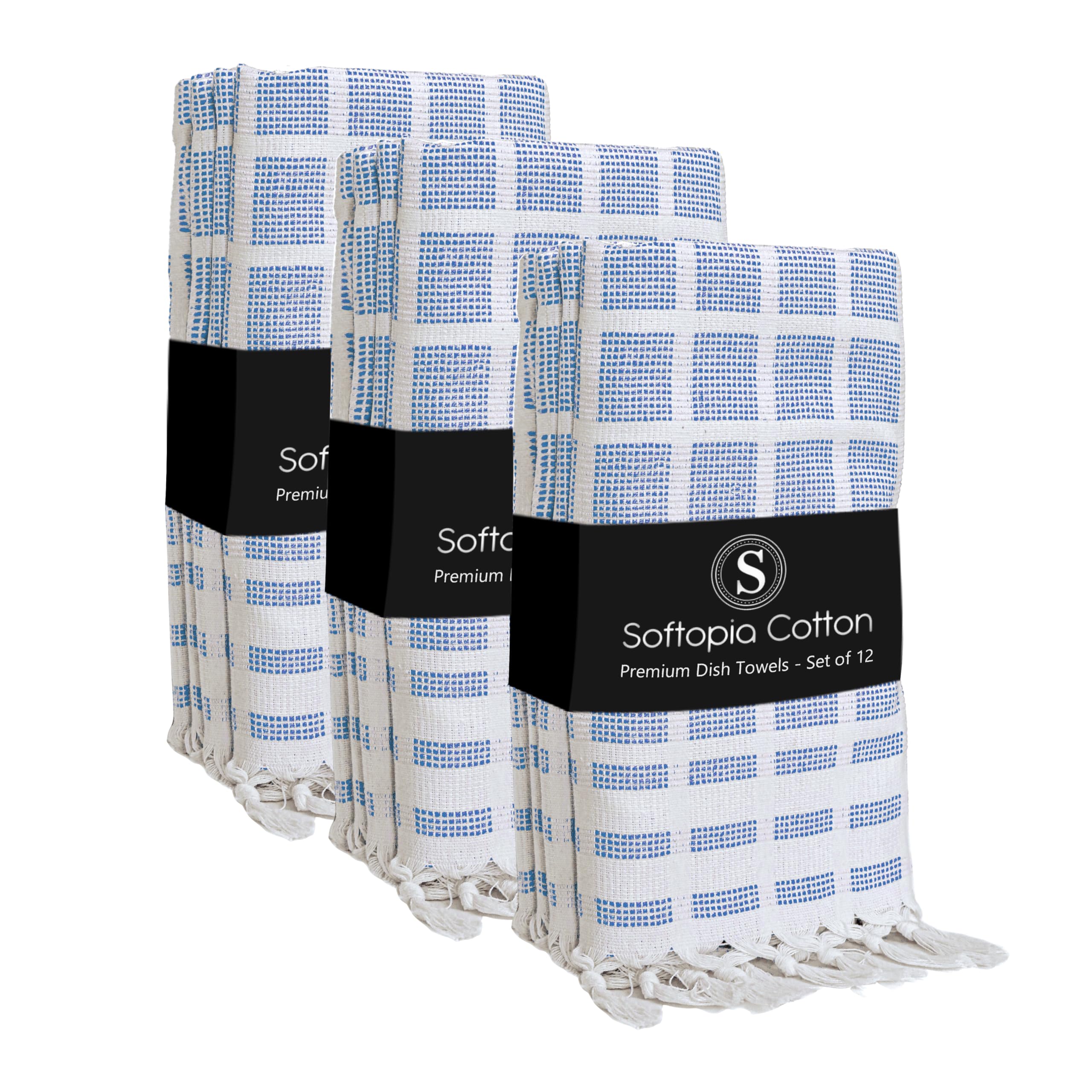 Matrix Dobby Kitchen Towels 12 Pack, 100% Cotton, 16x26 Inches, Handmade Knotted Tassel Dish Towels, Quick Dry, Durable, Absorbent and Reusable Cleaning Cloths - Sky Blue, Natural