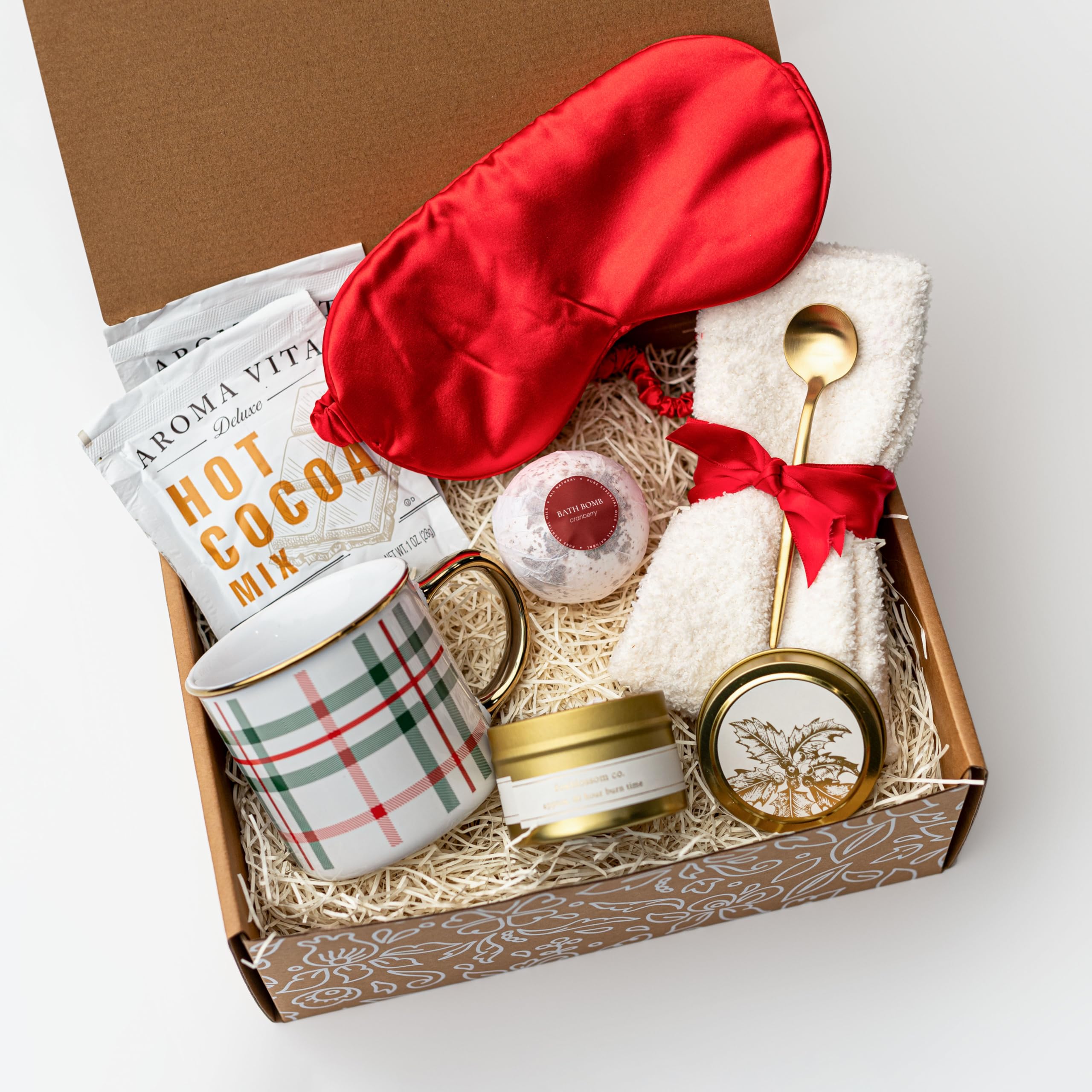 Christmas Gift Box Set, Women's Holiday Basket with Hot Chocolate Mix, Mug, Cozy Socks, Bath Bomb, Hot Cocoa, Spa Gift Box for Women