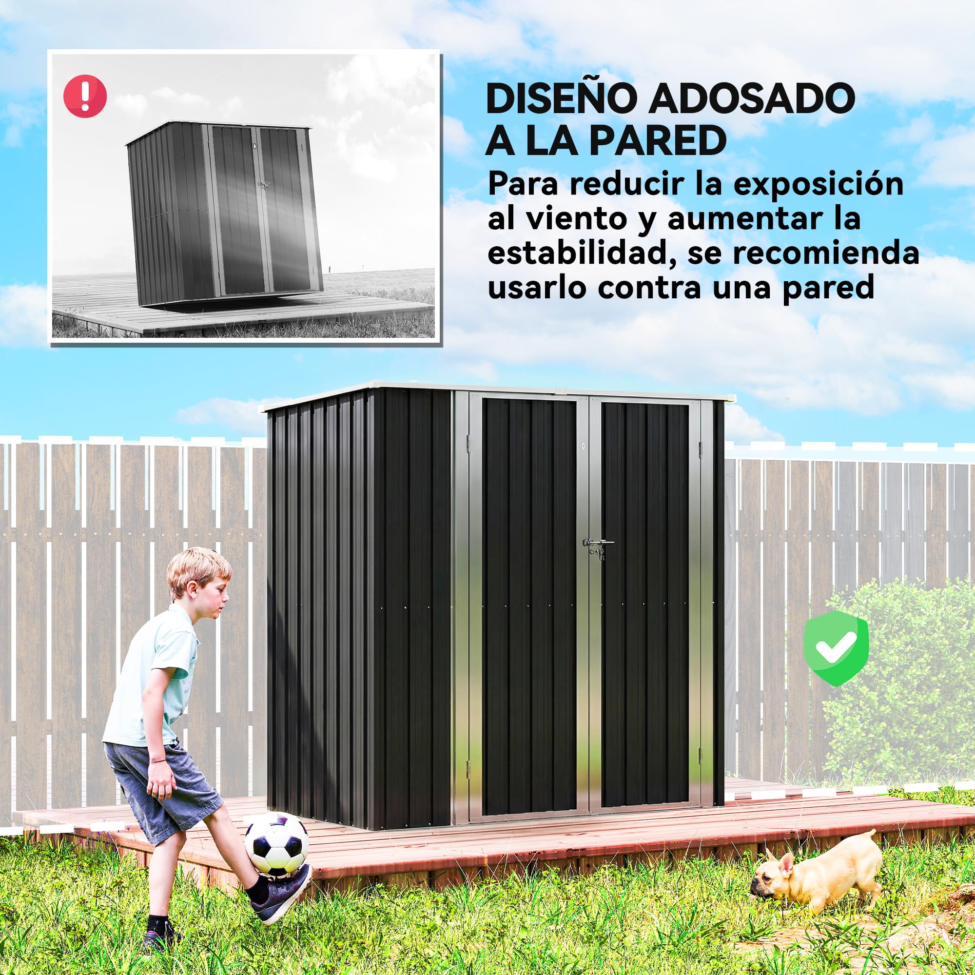 Outsunny Caseta de Jardín Exterior 1,37 m², 163x89x163 cm, Cobertizo de Jardín Exterior Metálico con Techo Inclinado, Puertas con Pestillo y Guantes para Almacenamiento de Herramientas, Gris Oscuro — view 5