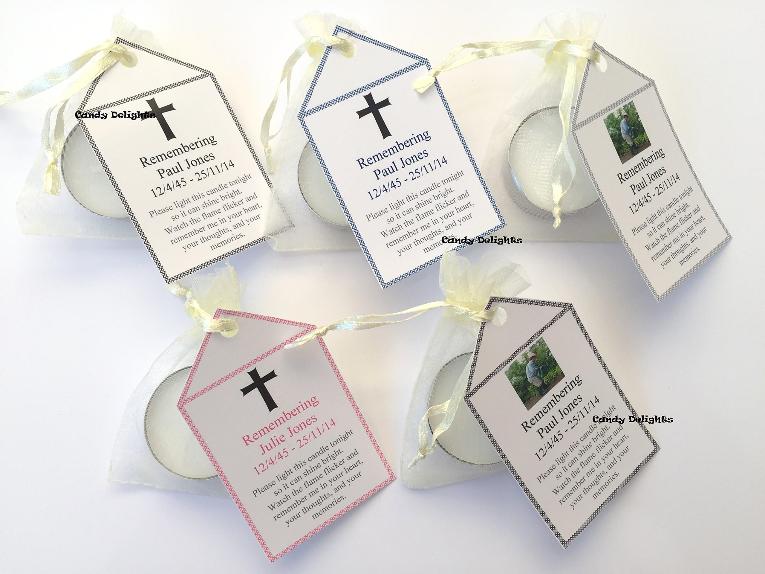 30 Personalised Remembrance Funeral DIY Organza bag, Candle & Personalised Tag Keepsake