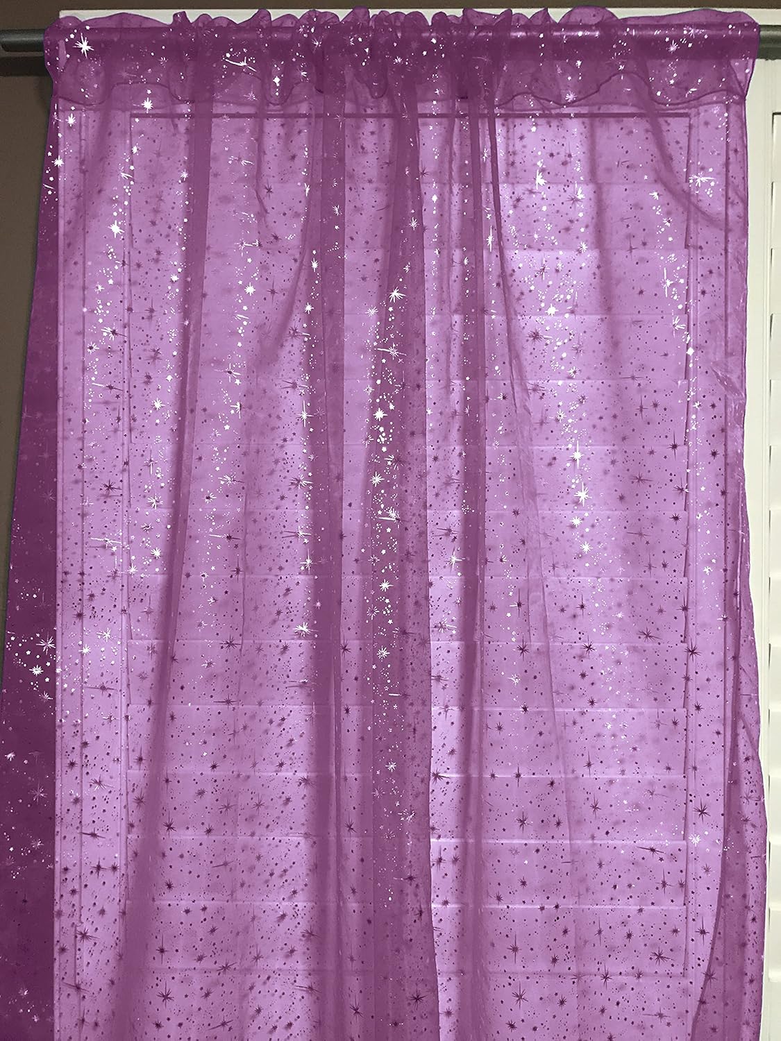 lovemyfabric Silver Stars on Sheer Tinted Organza Solid Single Curtain Panel 58 Inch Wide/Light Weight Curtain/Decorative Shiny Stars Curtain/Tinted Curtain (96" Long, White)