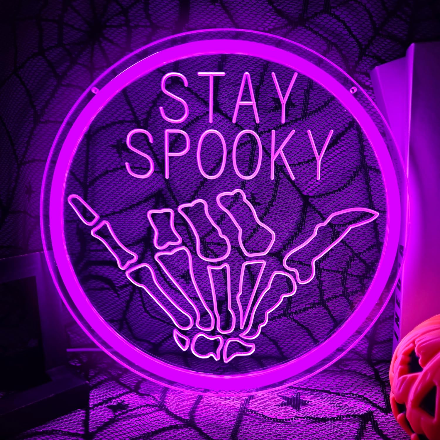 Stay Spooky Neon Sign Halloween Neon Lights for Wall Decor Hanging Skull LED Signs for Bedroom Game Room Man Cave Stay Spooky Neon Art Signs for Halloween Party