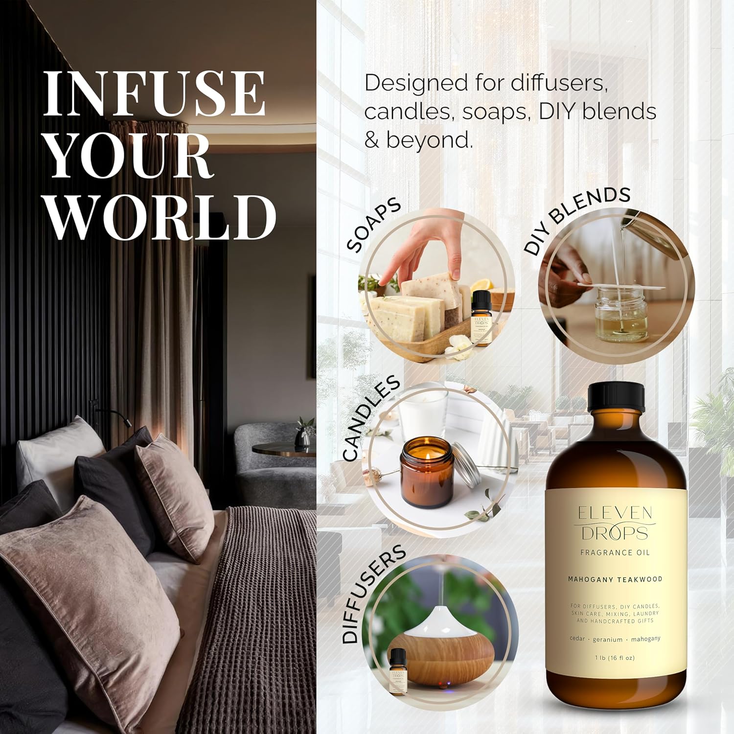 Mahogany Teakwood Diffuser Oil – Premium Fragrance Oil for Cold Air Diffusers, Home, Office, DIY Candles – Rich Woody Aroma, Long Lasting, Pet Friendly, Made in USA, 16 Fl.Oz Glass Bottle - Image 2