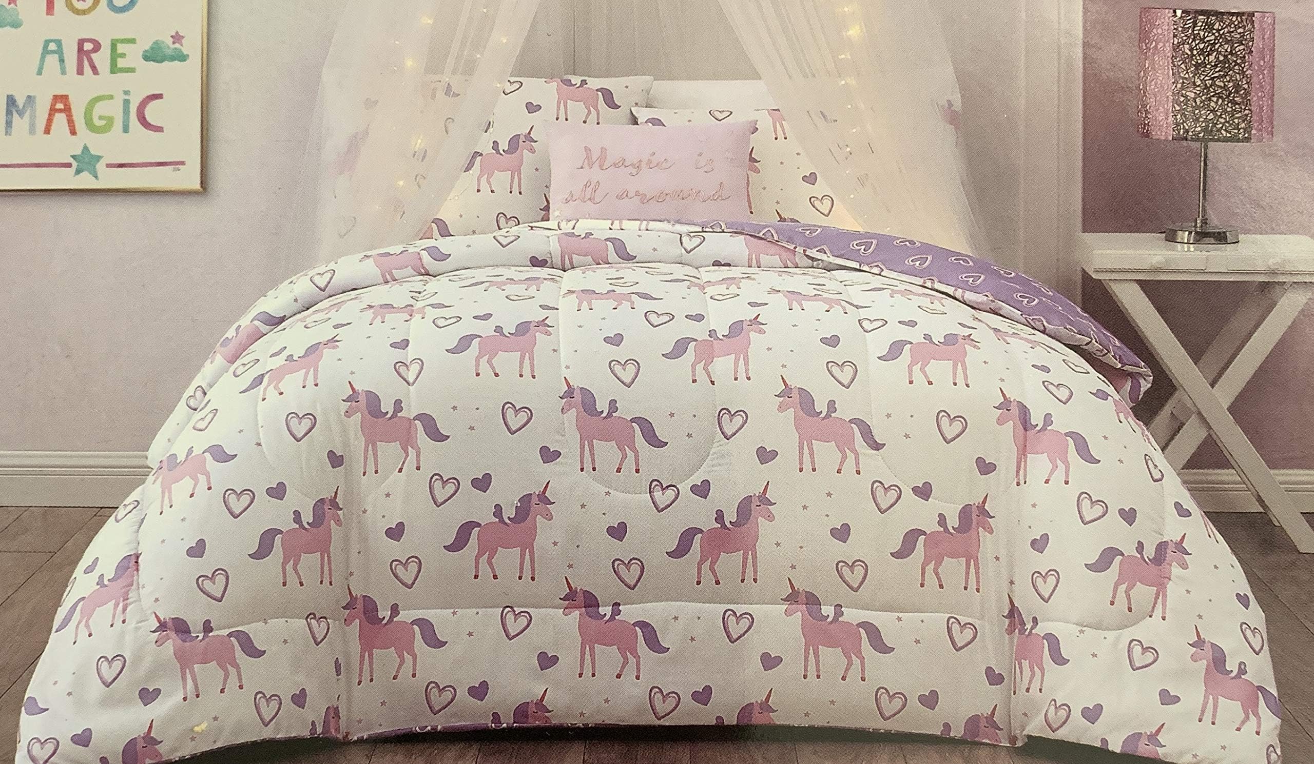 Wonder Studio Pink and Purple Unicorn Bedding with Hearts - Unicorn Comforter Set with Sham, Pillowcase, and Comforter