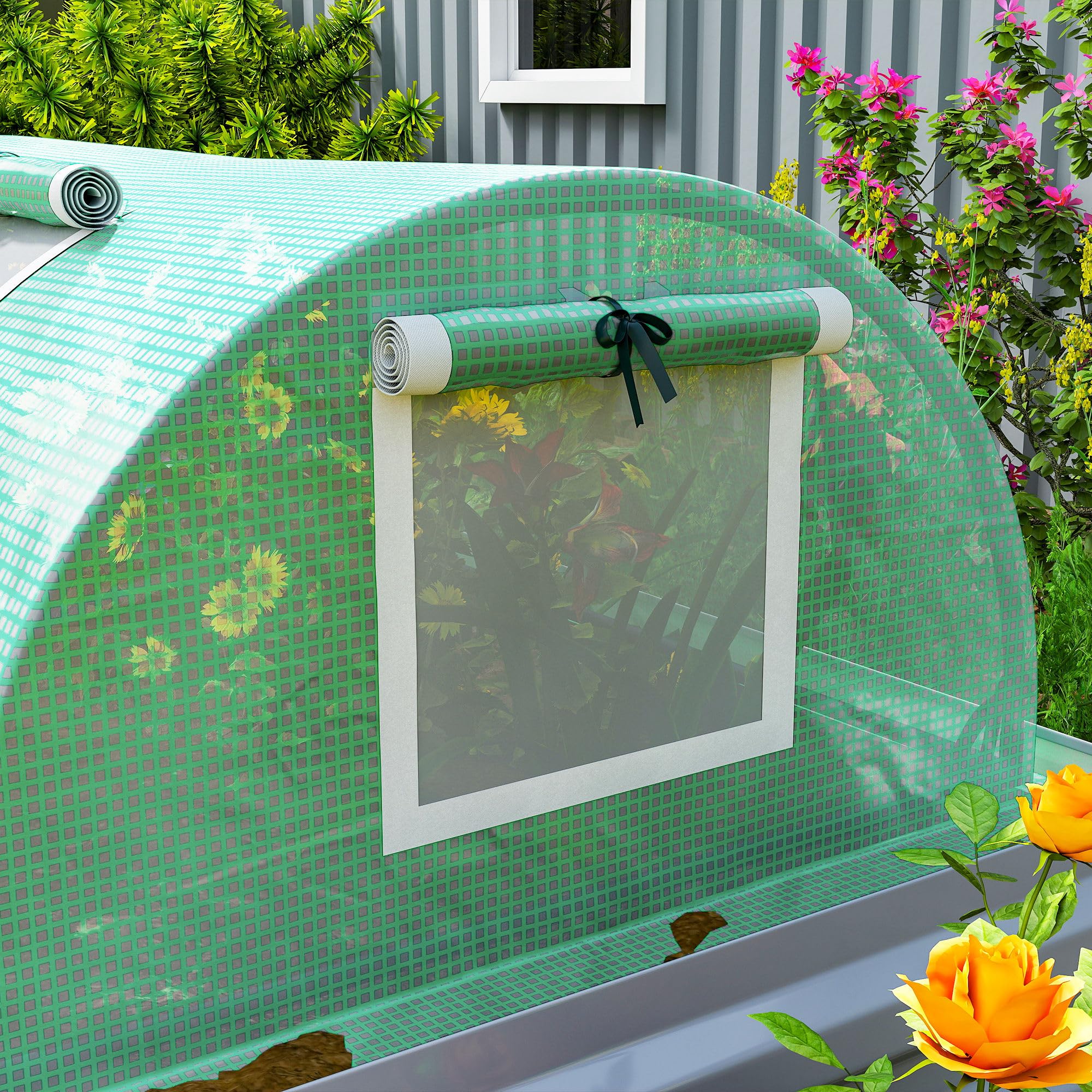 Outsunny Mini Serre de Jardin Mini Serre Tunnel à tomates 300 x 80 x 45 cm Acier PE Haute densité 140 g/m² Anti-UV 5 Portes en Filet enroulables Vert