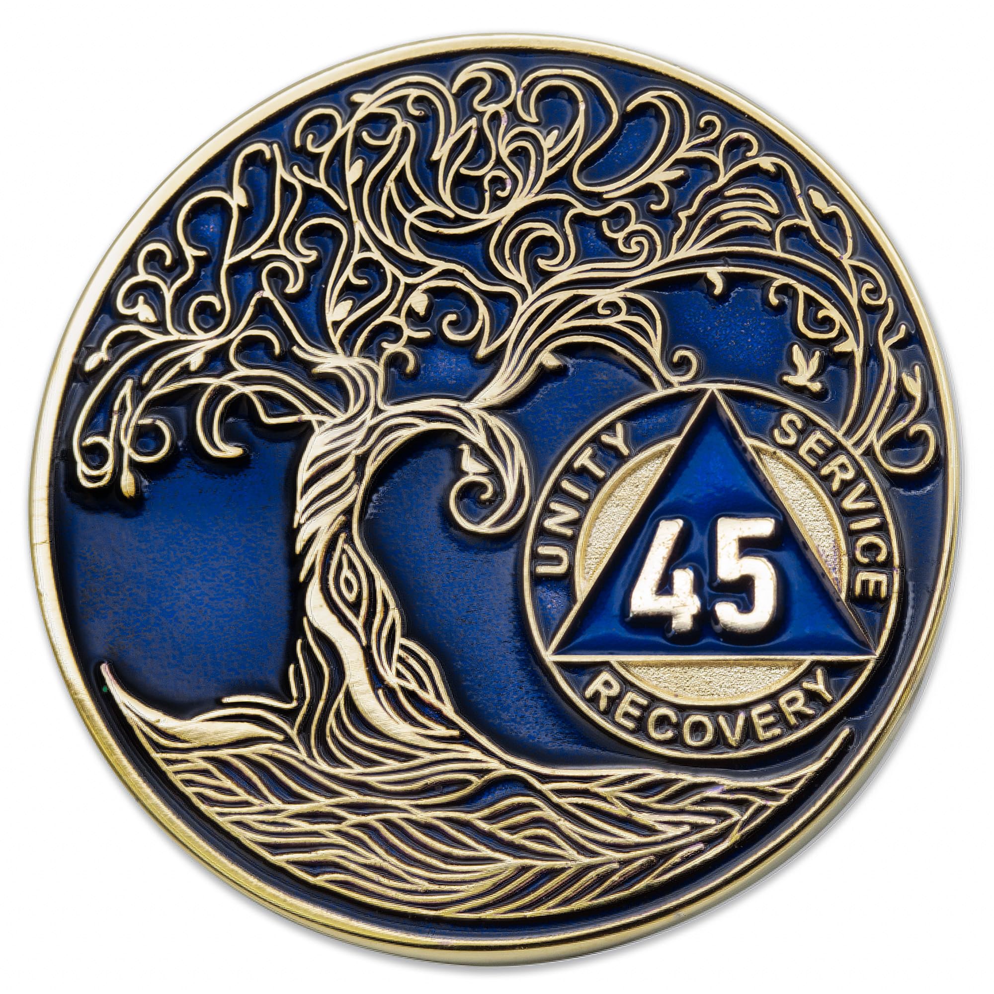 1 to 50 Year Twisted Tree of Life Sobriety Coin - Gold Plated AA Chips &amp; Medallions - 45 Year Sobriety Coin - Translucent Blue