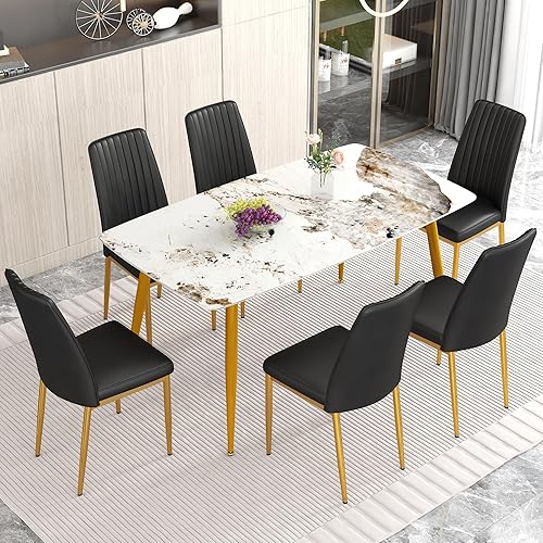 Miniatura 19 de Juego de mesa de comedor de piedra sinterizada moderna blanca de 50 pulgadas para 4 mesas de comedor de mármol sintético con 4 sillas tapizadas de 4