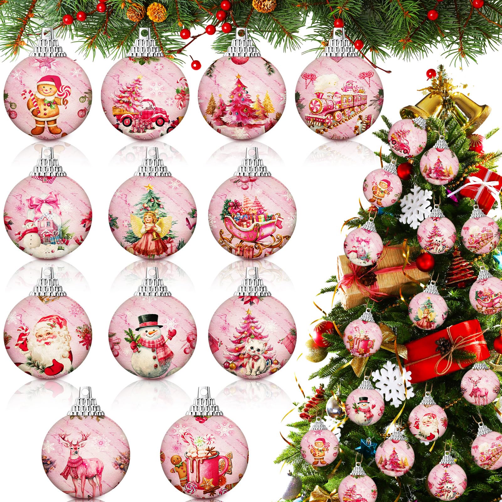 Outus Lot de 24 Boules de décoration de Sapin de Noël Vintage Rose pour Sapin de Noël, Bonhomme de Neige, décoration à Suspendre pour cheminée, Maison, fête, fêtes