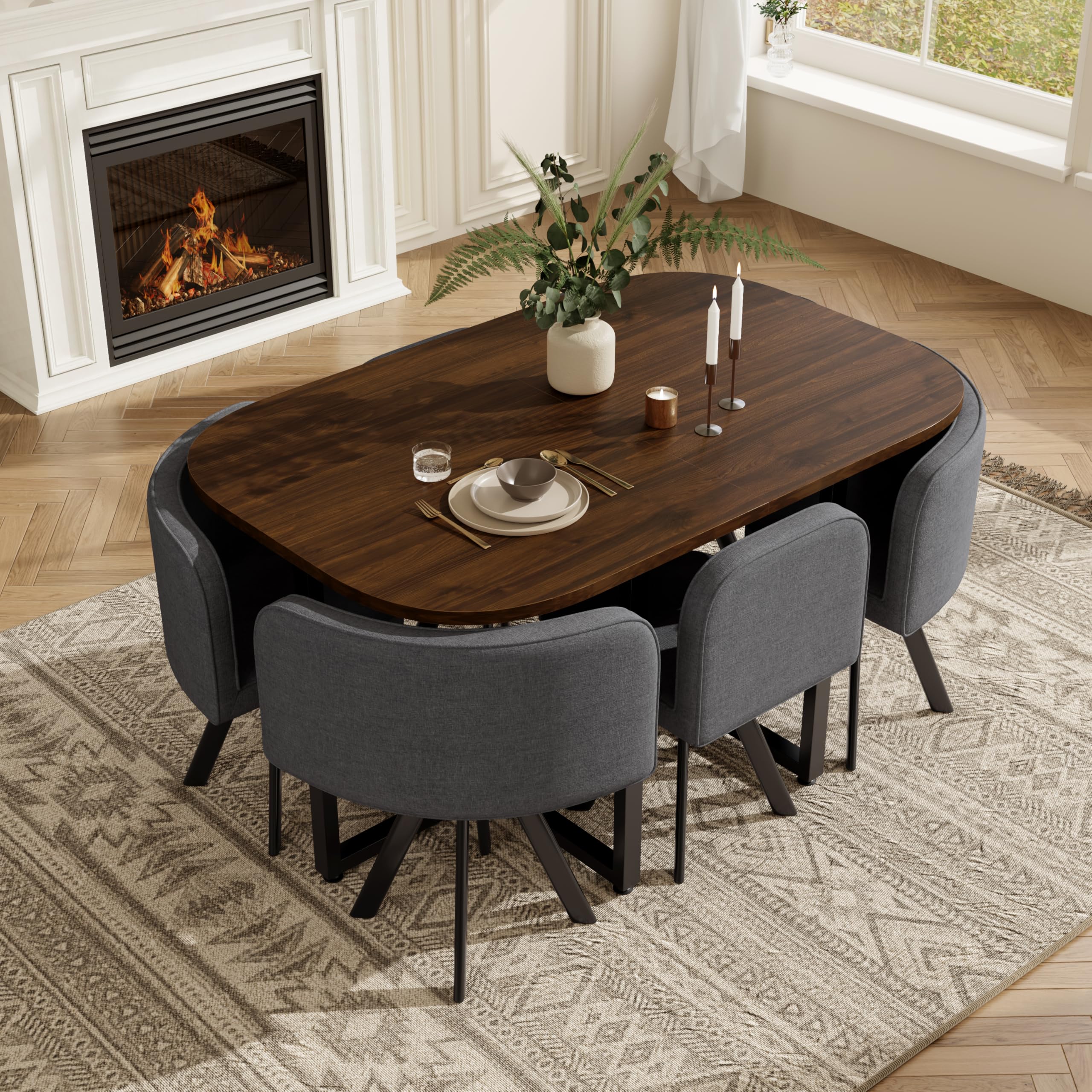 Essgruppe mit 6 Stühlen aus Leinen, Esstisch Set mit Tischplatte(140 x 90cm) aus Walnussholz, Dining Table Set mit rutschfeste Fußpolster, für Küchen und Esszimmer, Grau