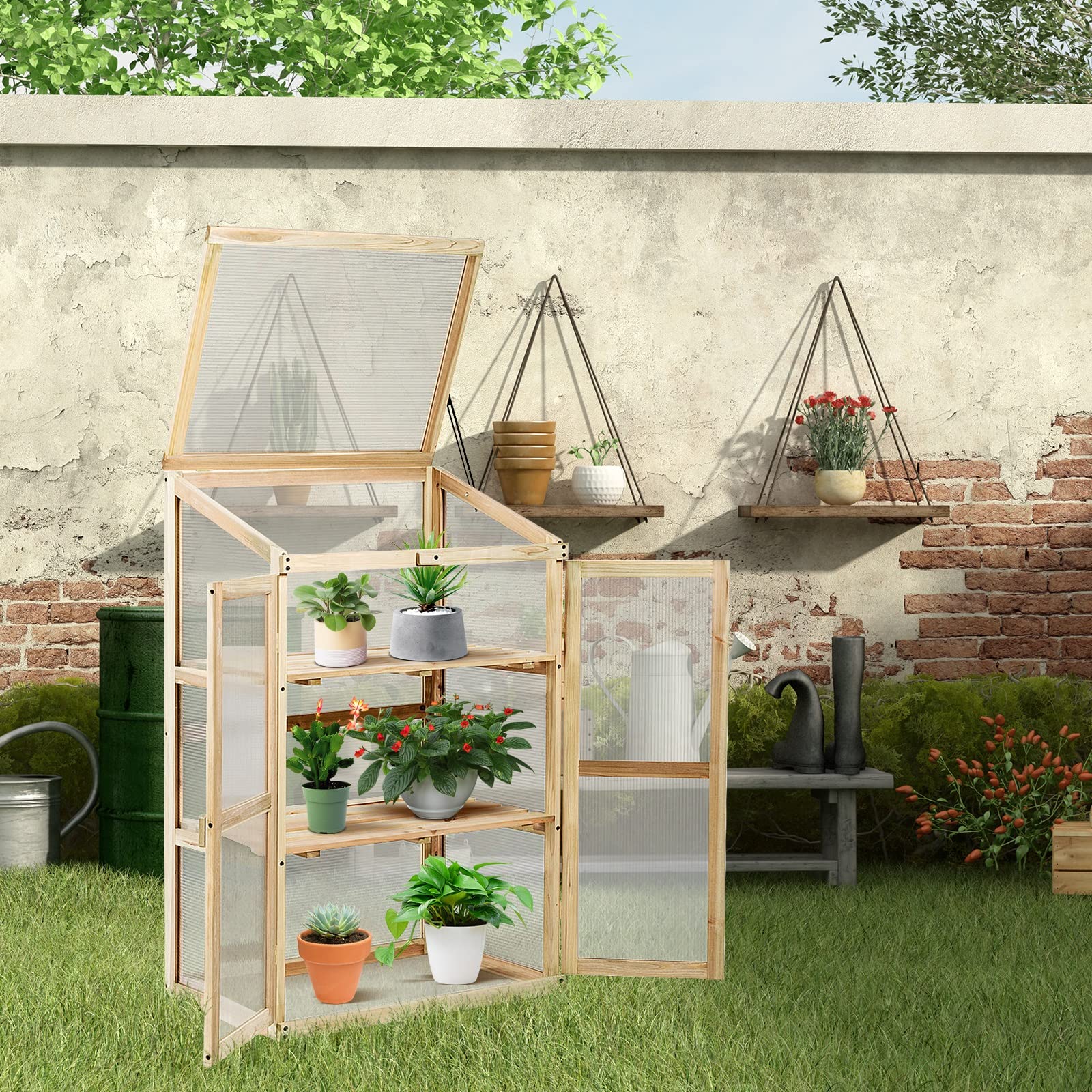 GYMAX Mini Serra Portapiante, in Legno e Policarbonato, Aiuola Trasparente a 3 Piani, Serra Vegetale, Coltivatore con Coperchio Apribile, Fioriera per Balcone, Giardino e Cortile, 60x45x100 cm