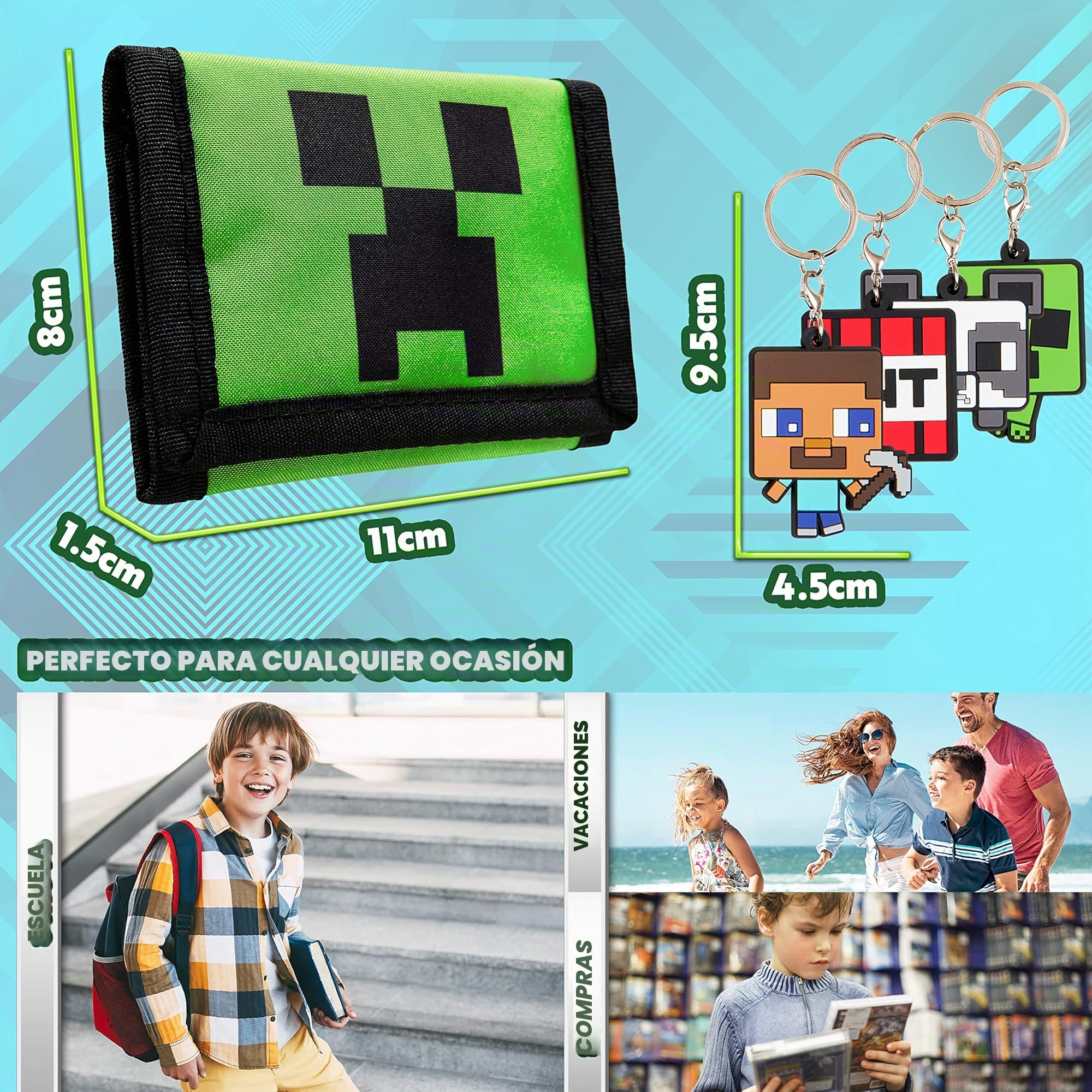 Minecraft Cartera para Niños Toda Ocasión En Poliéster con Personaje Green Creeper Monedero Verde Tamaño Bolsillo Cartera Resistente Incluye 4 Llaveros