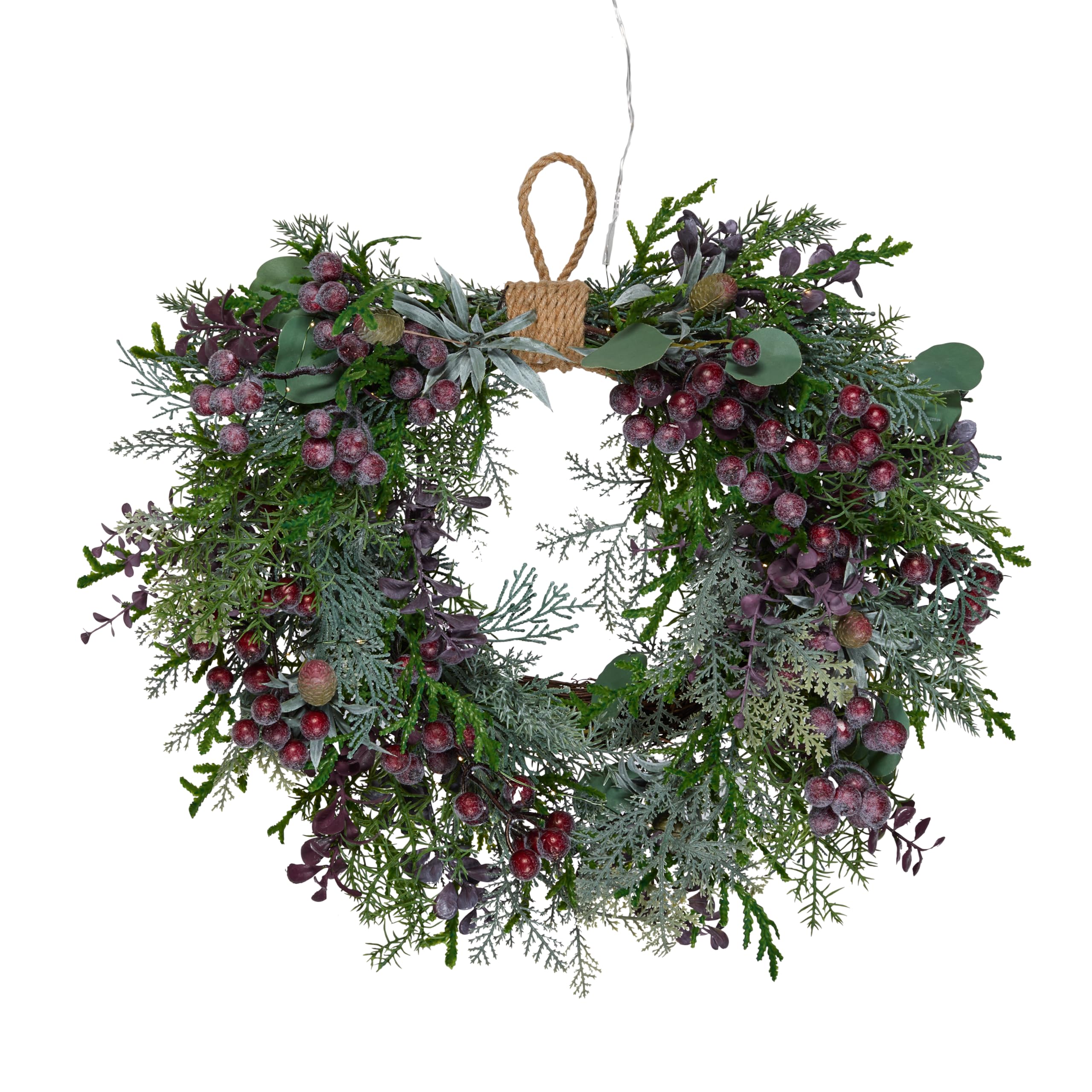 Light4fun Winterkranz mit 40 warmweißen LEDs beleuchtet | künstliches Tannengrün und lilafarben Beeren | Deko Weihnachten Herbst Halloween | Weihnachtsgirlande für Innen