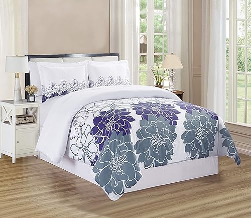 Grand Linen - Juego de edredón de 4 y 3 piezas con fino estampado, reversible, de alternativa de plumón de ganso, ropa de cama individual,