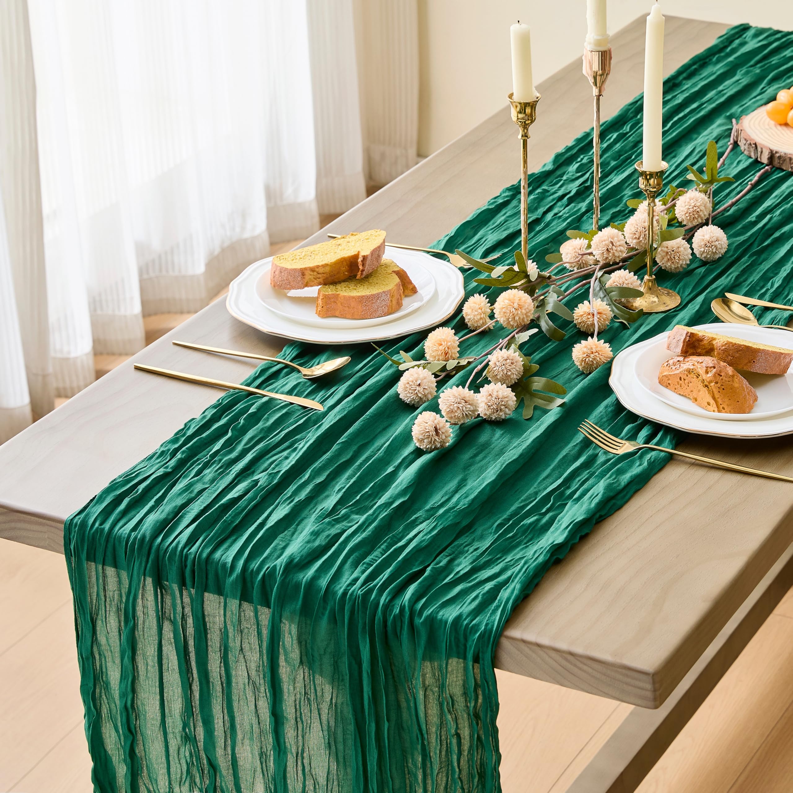 MAIBAOTA Emerald Green Cheesecloth Table Runner 90 x 300 cm Boho Rustic Gauze Cheese Cloth Table Runners for Wedding Arch Chair Backs Decorations Birthday Party Baby Bridal Shower Decor