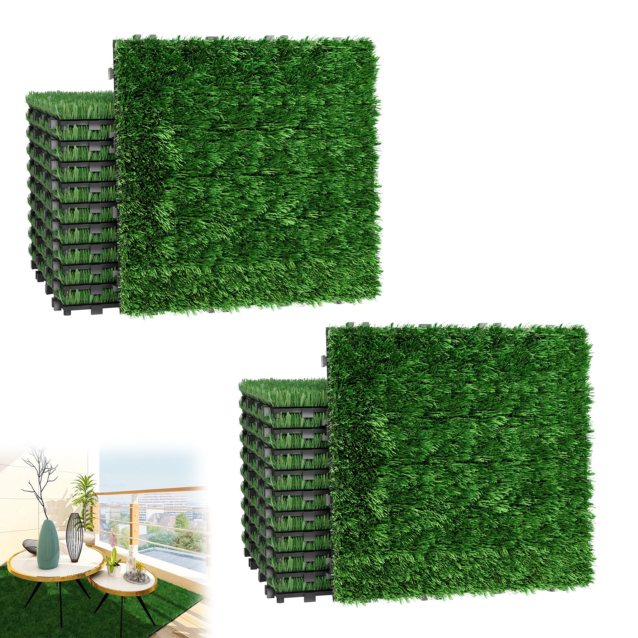 YRHome 22er Set Kunstrasen Outdoor Rasenfliesen Outdoor 30x30 cm Rasenfliesen Bodenbelag Kunstrasenmatte Grasmatte Rasenteppich Grasteppich Kunststoffrasen Kunstrase Aussen für Balkon Terrasse 2m²