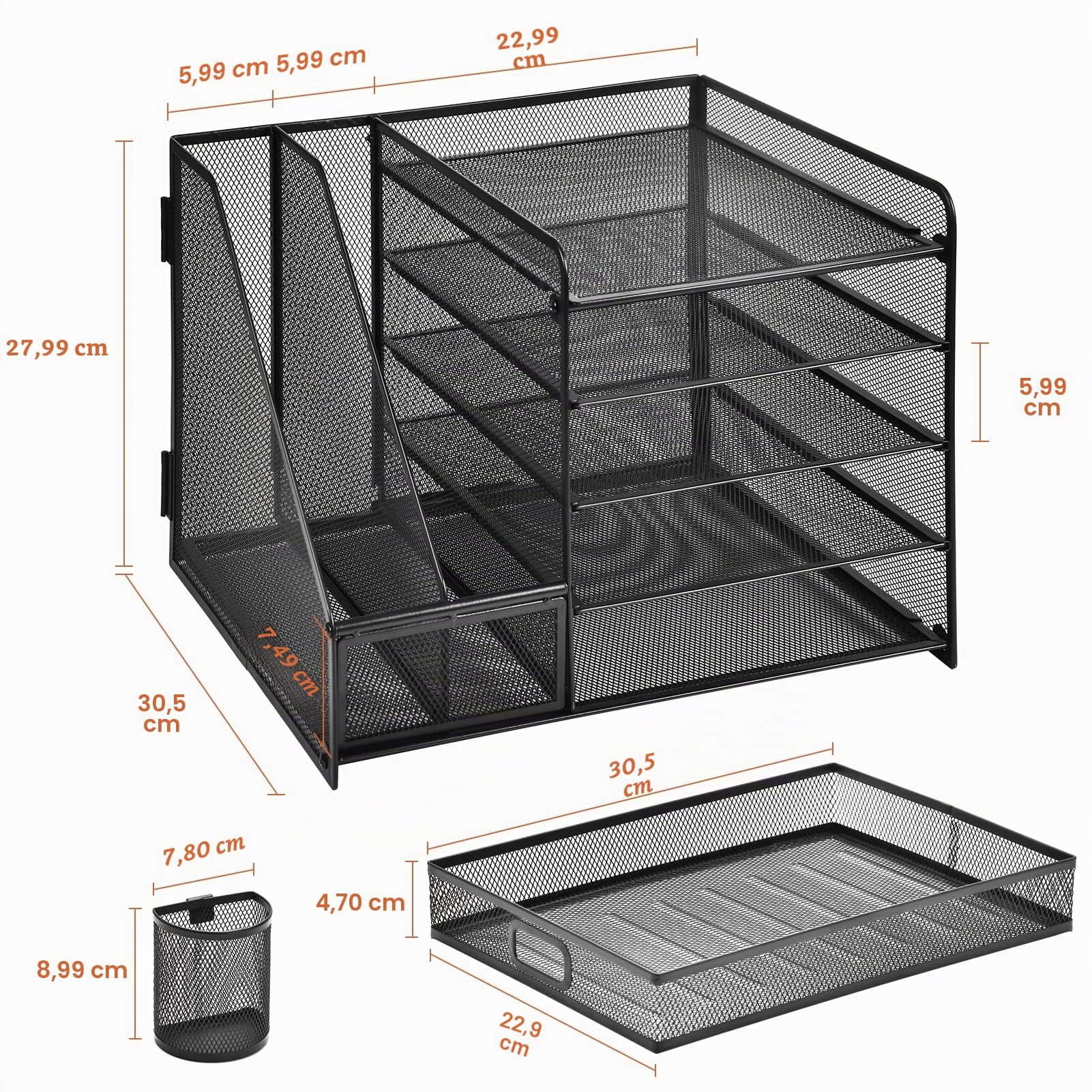 Marbrasse Schreibtisch Organizer mit Aktenhalter, 5 Ebenen Papier Briefablage mit Schublade und 2 Stiftehalter,Schreibtisch Netz Ablagefächer Organizer mit für Büro Bedarf (Schwarz mit Schublade)