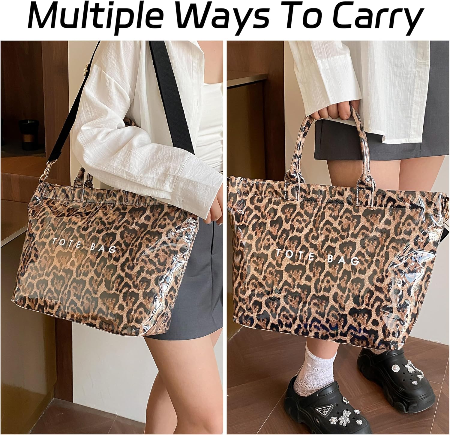 Large PVC Tote Bag for Women Letters Print Handbags Kraft Paper Shoulder Bag for Work Travel - Image 2
