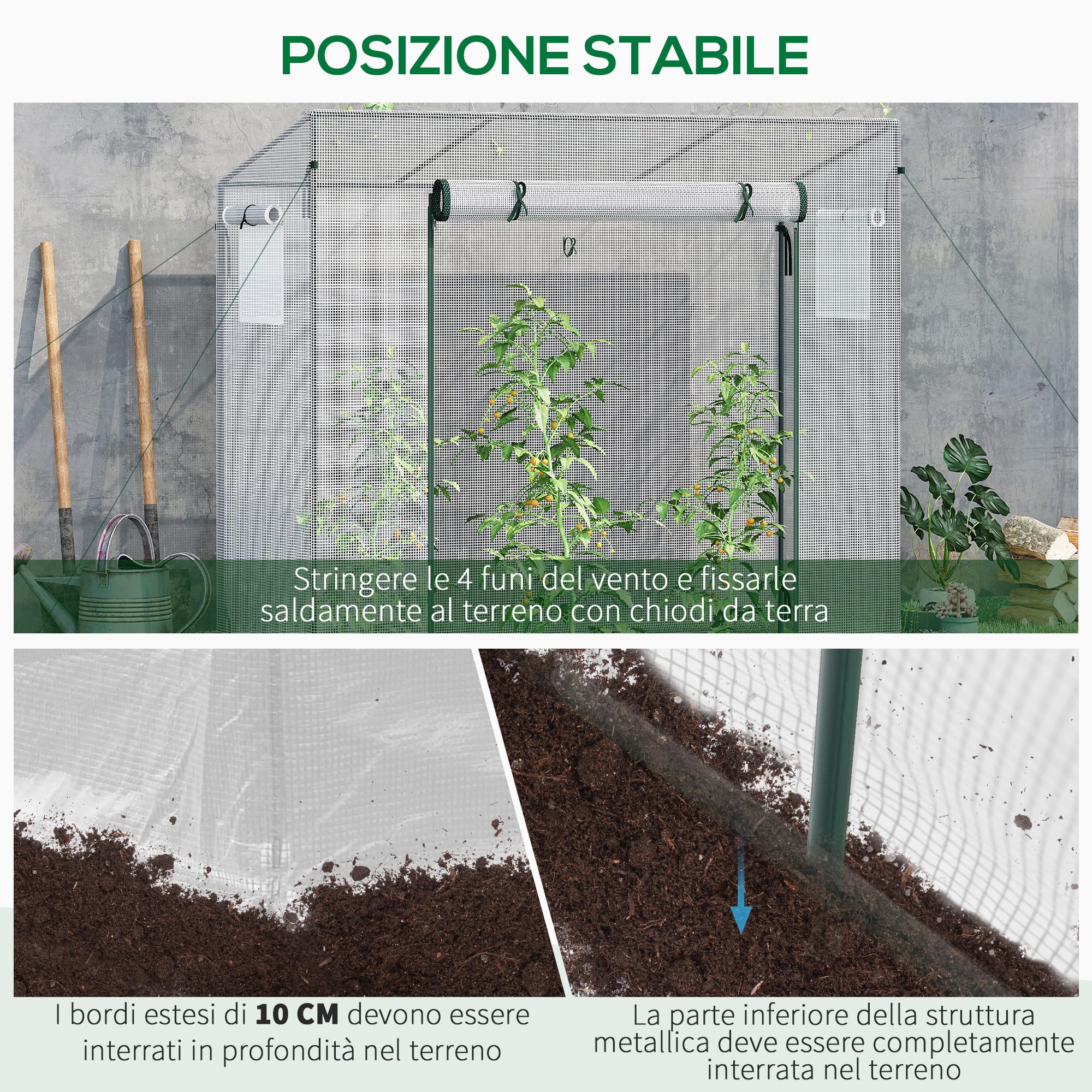 Outsunny Serra da Giardino con Porta Avvolgibile, 2 Finestre e Bordi Estesi, Serra per Piante in Acciaio e PE, 200x76x168 cm, Bianco