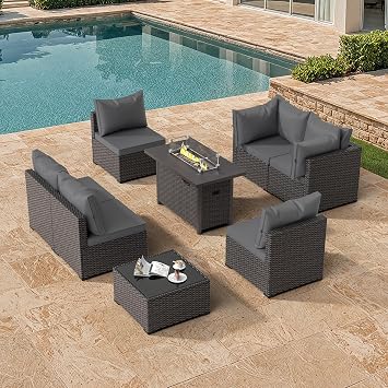 GOJOOASIS Outdoor Patio Furniture Set with Fire Pit Table, 8 Pieces Wicker Patio Sectional Furniture, Patio Conversation Couch Seating & 42" Fire Pit Gray