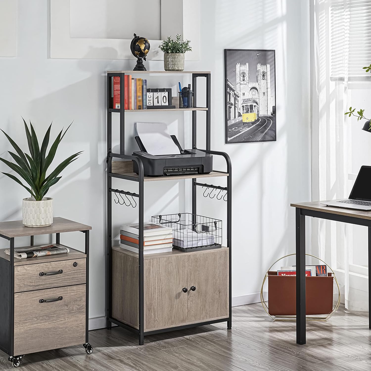 Topeakmart Kitchen Baker's Rack with Storage Shelves, 4-Tier Microwave Stand with 8 Hooks and Cabinet, 59'' Height Kitchen Shelves for Spices, Pots and Pans, Utility Coffee Station