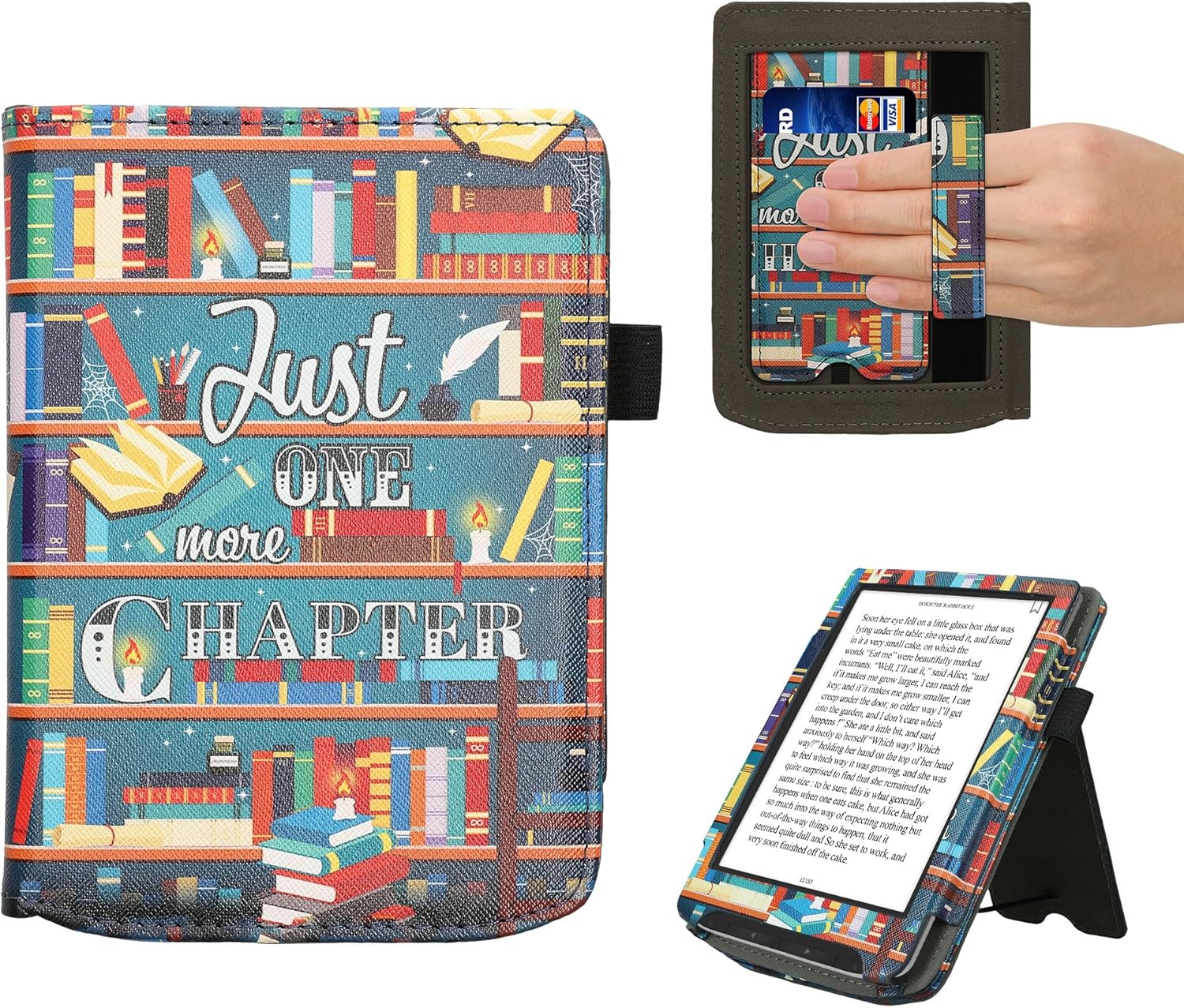 kwmobile Case Compatible with Pocketbook Verse/Verse Pro/Verse Color/Vivlio Light/Light HD - Case PU Leather Cover with Magnet Closure, Stand, Strap, Card Slot - Library Motto Multicolor