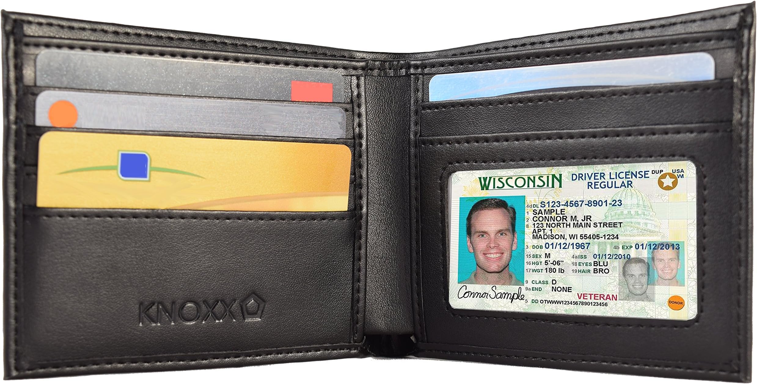 KNOXX Wallets - RFID Secure Bifold, Transparent ID Holder, 2 Currency Slots, Leather, Gift Box Included