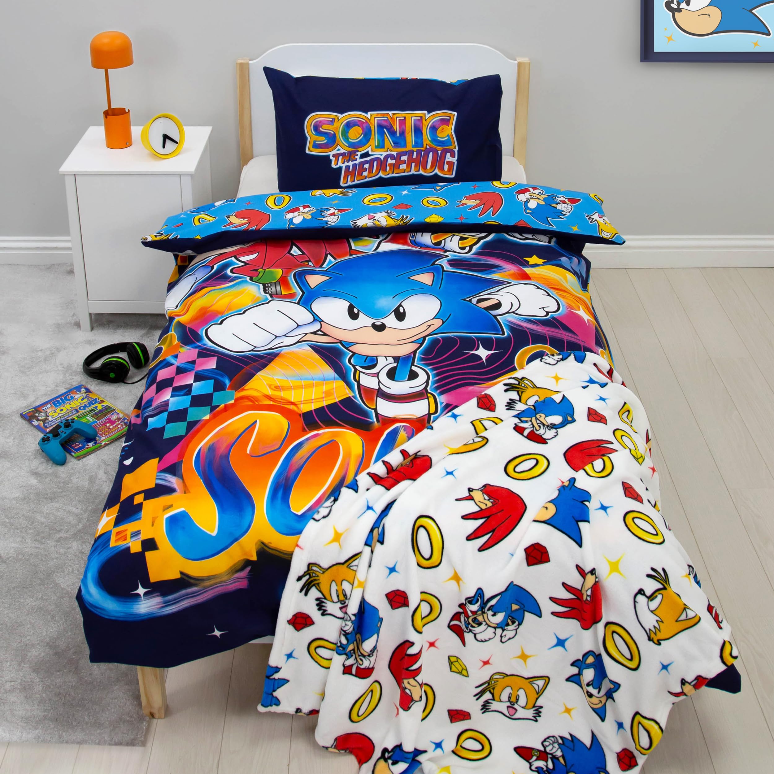 Set copripiumino singolo con licenza ufficiale Sonic the Hedgehog, double-face, double-face, con code e nocche, con federa coordinata, perfetto per la camera dei bambini