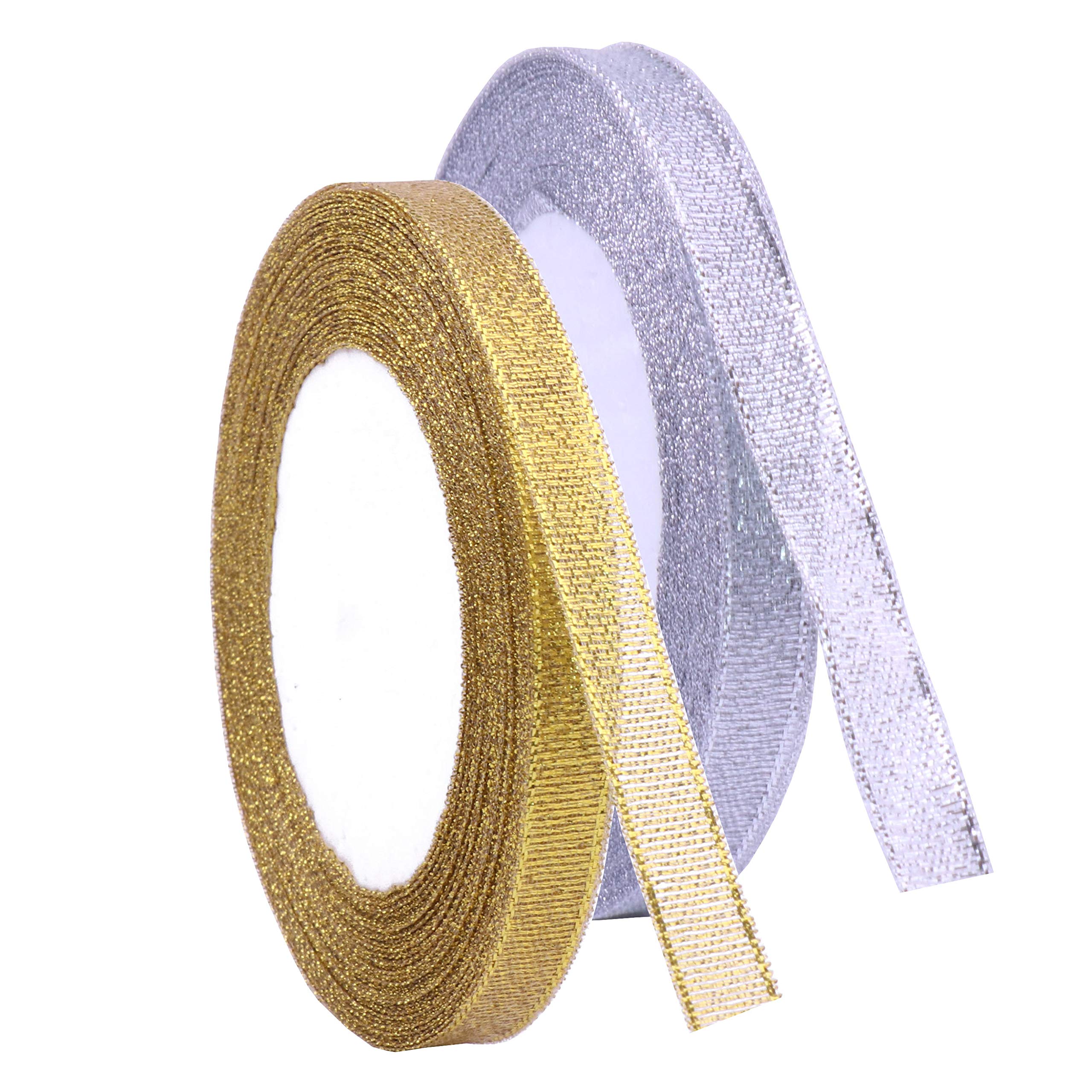 YAKA 3/8 inch 50 Yards Ribbon Shimmer Sheer Organza Ribbon for Craft Bow Party Decoration Packing Ribbons 2 Rolls (Gold and Silver, 3/8 inch(10mm))