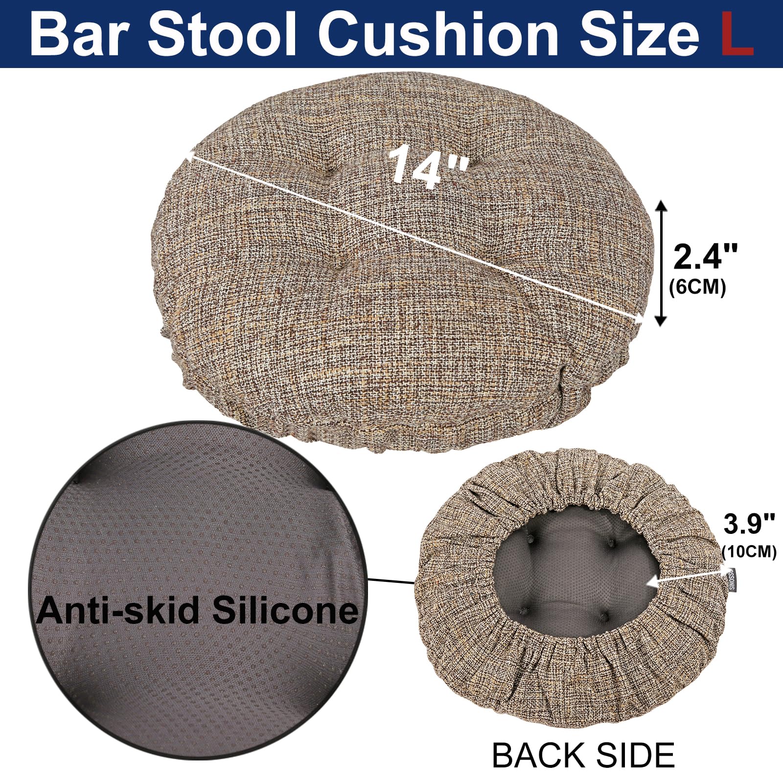SINOSSO Cojín moderno de lino para taburete de bar, diámetro de 14, diseño entrelazado de moda, silicona antideslizante, funda de cojín acolchada (marrón claro, L, 1)