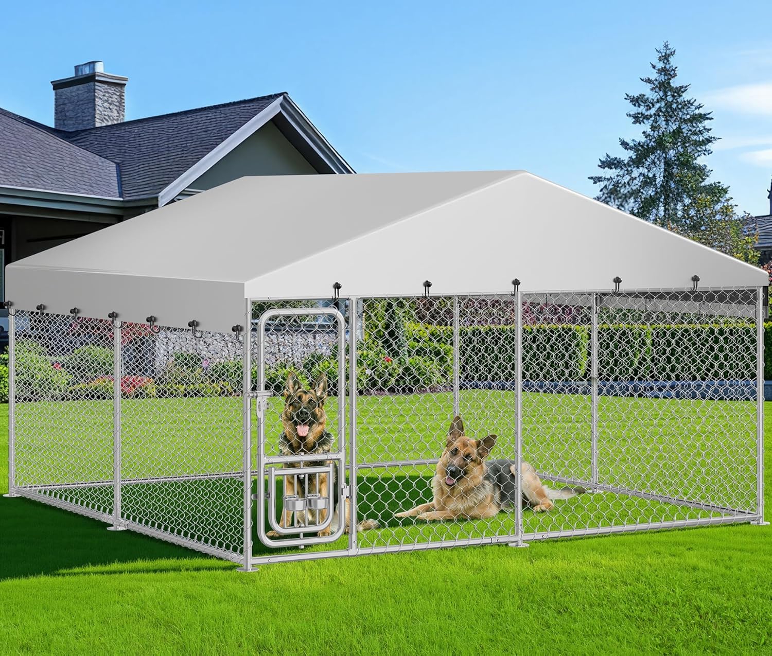 10'x10' Dog Kennel Outdoor with Rotating Feeder Bowls, Outdoor Dog Pens with Roof, Heavy Duty Dog House for Medium Large Dogs