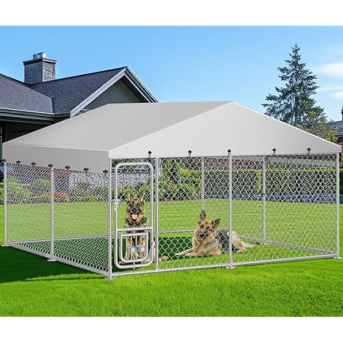 DWVO 10'x10' Large Outdoor Dog Kennel with Rotating Feeder Bowls, Outdoor Dog Pens with Roof, Heavy Duty Dog Cage for Large Dogs