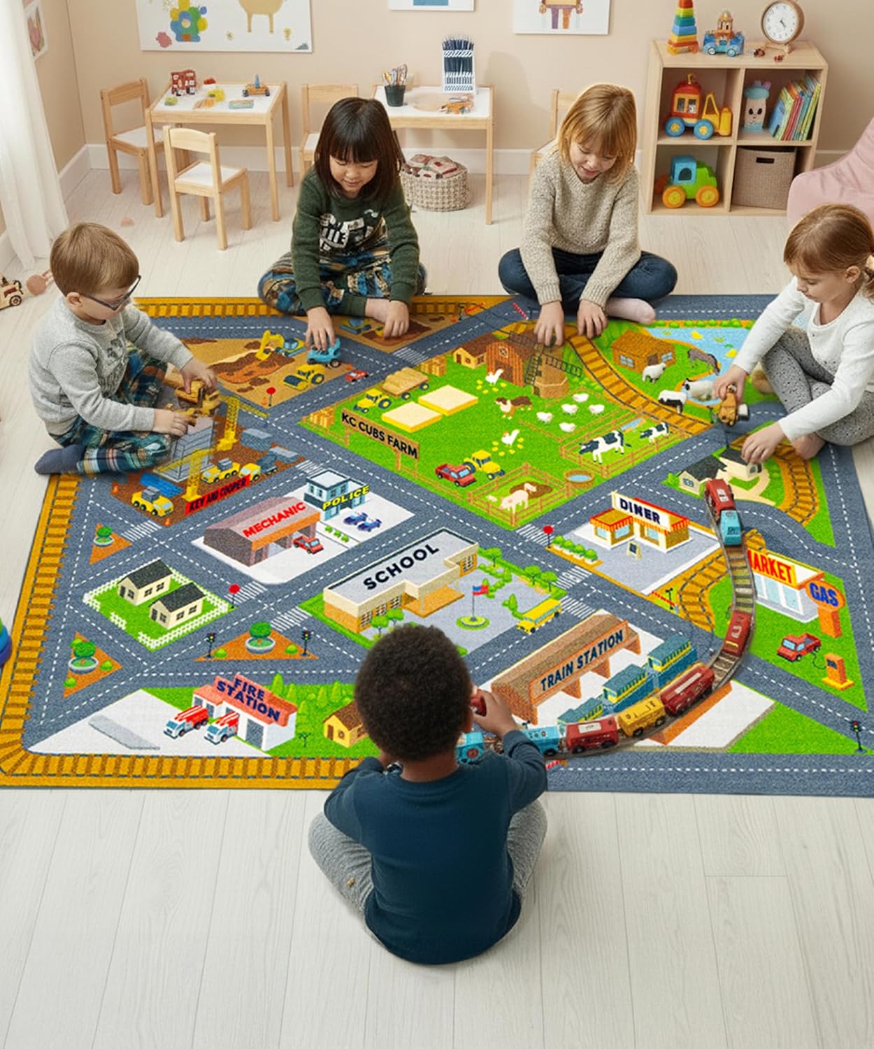 KC Cubs 5x7 Country Farm Construction Car Road Street Rug – Educational Carpet Play Mat for Kids, Toddlers, Nursery, Classroom, Playroom, Baby Daycare