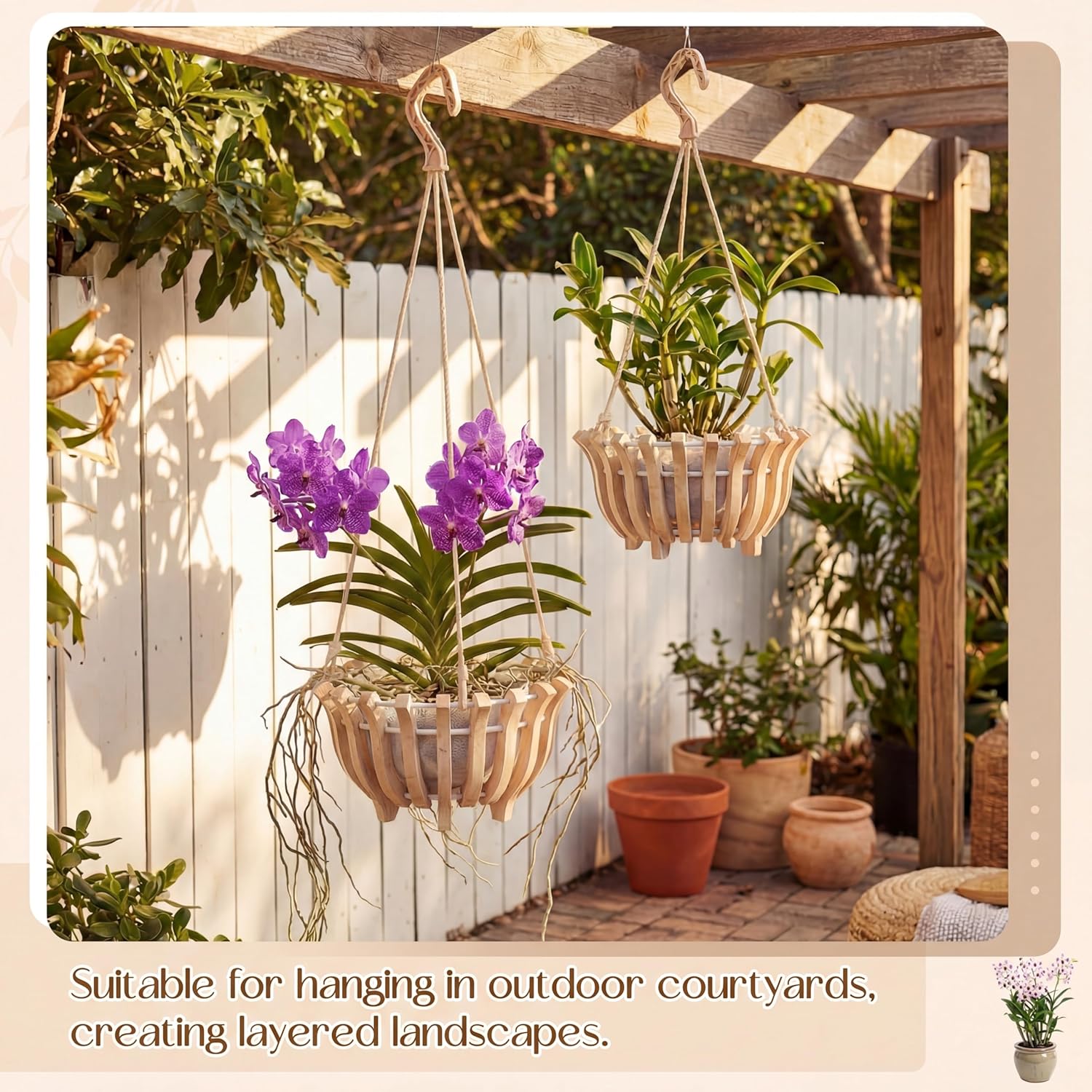 2 Sets Rustic Orchid Pots with Holes, Orchid Hanging Planter with Hangers, Wooden Lotus Flower Shape 10 & 8 Inch Specialist Hanging Baskets for Outdoor Patio Garden