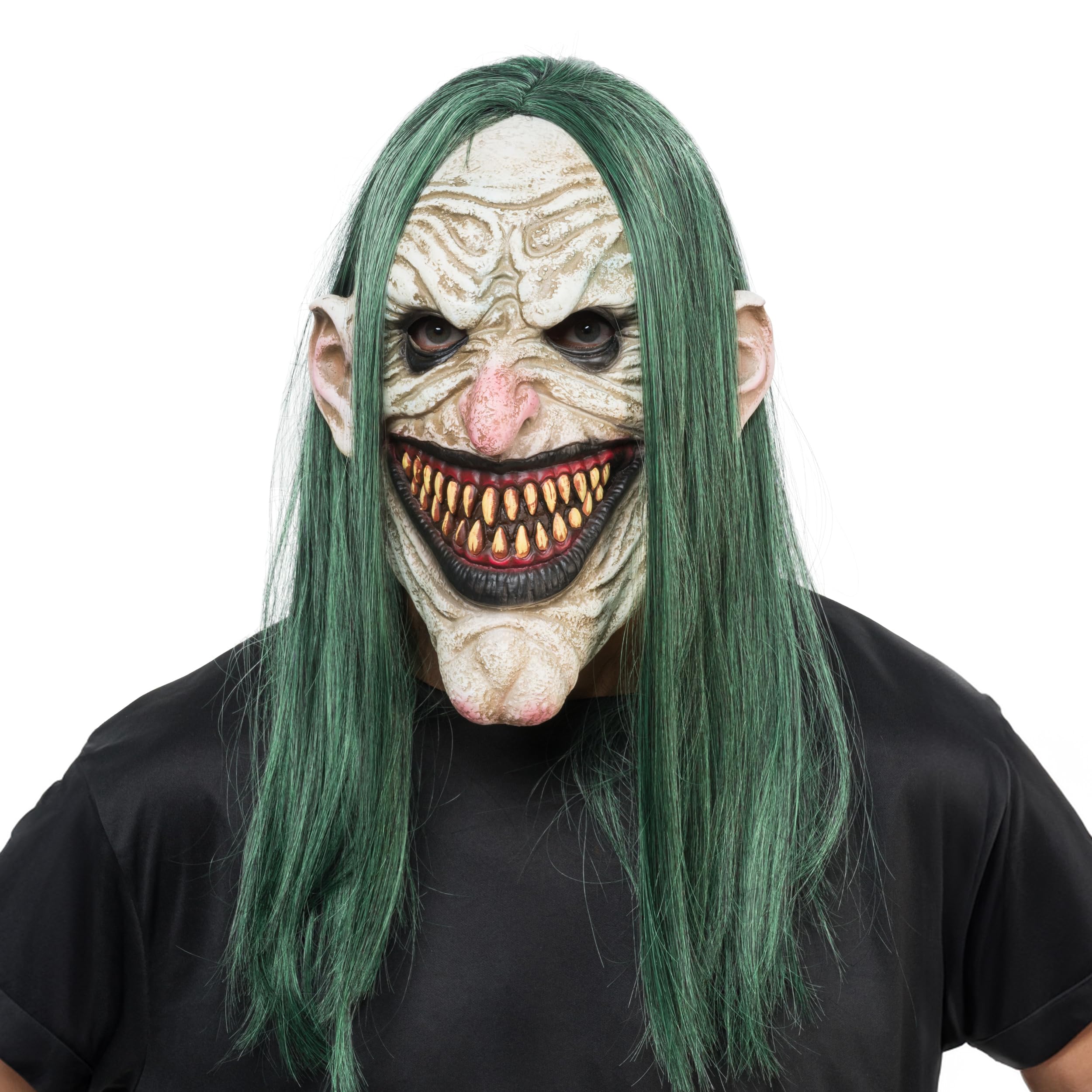 Chaks - Psycho Mask with Hair, Grinning Horror Clown with Teeth, Costume Accessories for Halloween and Carnival