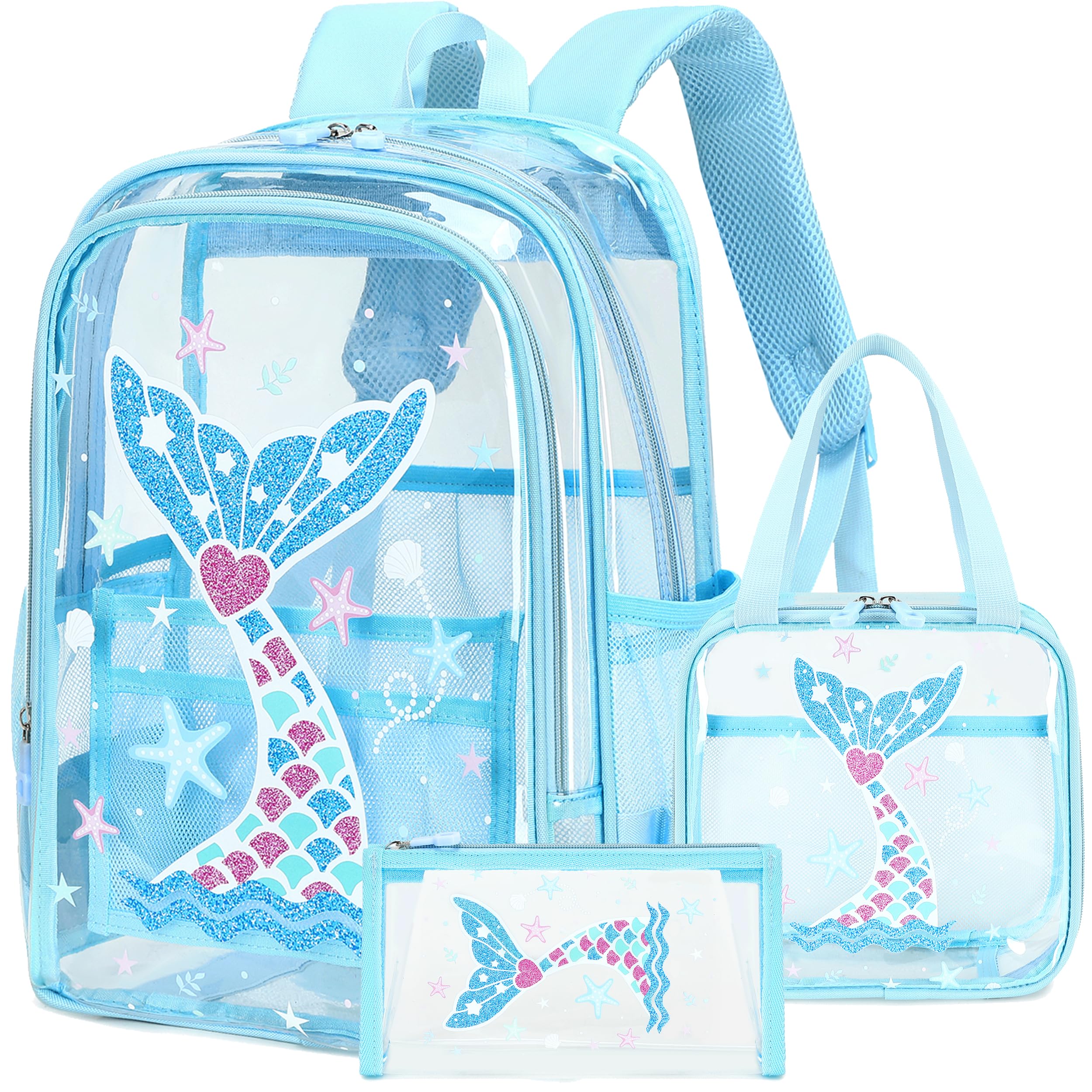 AO ALI VICTORY Clear Backpack for Boys Girls,15.6 Inch Kids Clear Backpack Set with Lunch Bag Pencil Case PVC Elementary Bookbag School Student See