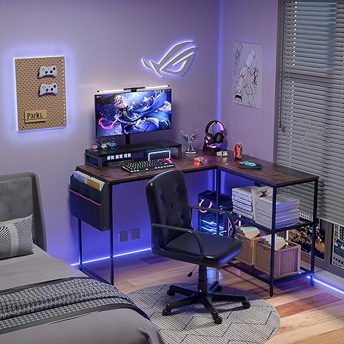 Miniatura 6 de VECELO Escritorio esquinero para computadora en forma de L con bolsa de almacenamiento y estante, mesa de oficina en casa para sala de estudio,