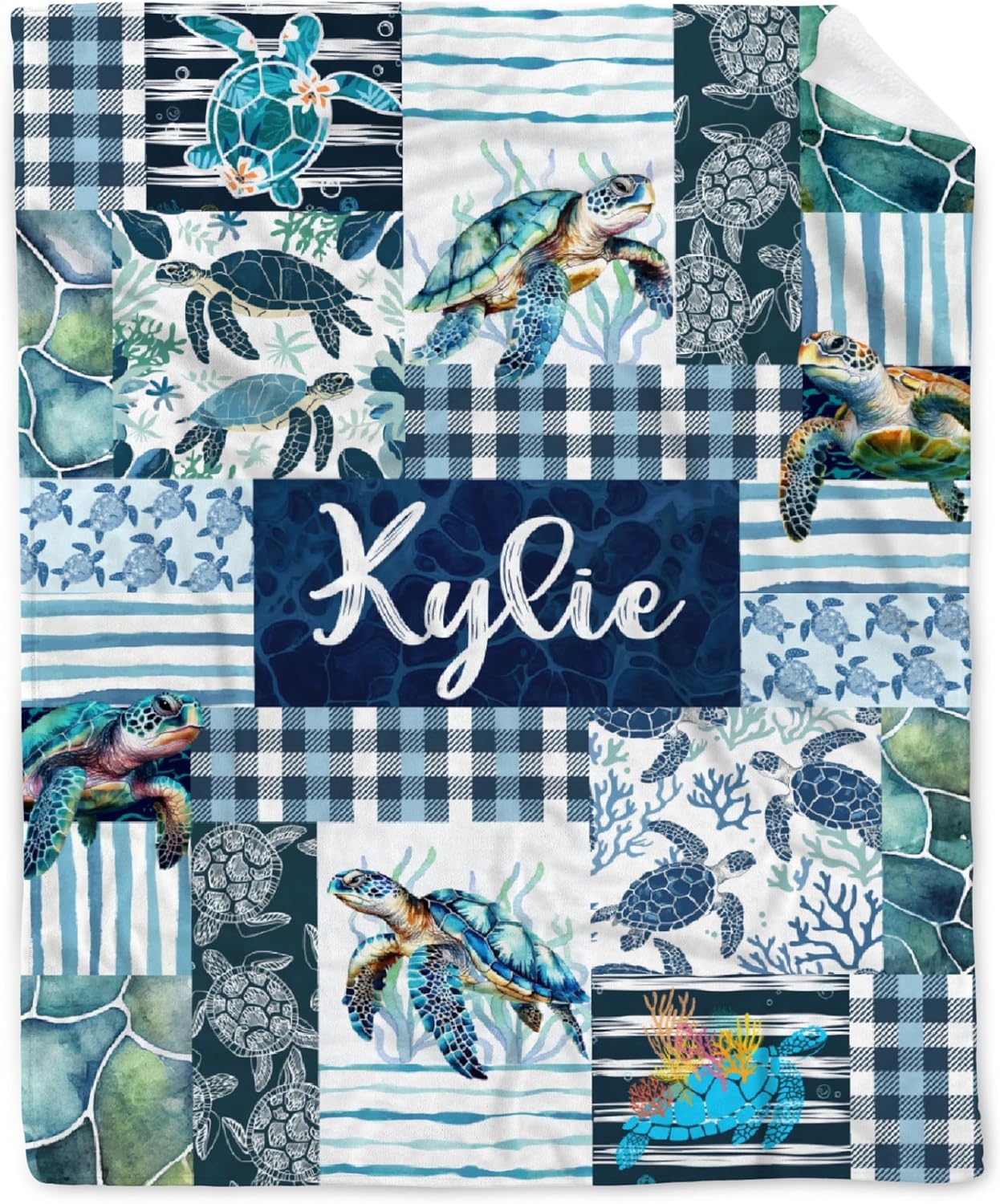 Personalized Sea Turtle Baby Blanket, Custom Name Blue Plaid Patchwork Ocean Animal Nursery Bed Blanket, Infant Birthday Shower Gift 60"x80"