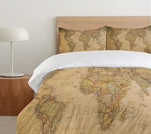 Miniatura 67 de Ambesonne Juego de funda de edredón de brújula, ilustración de mapa del mundo, marinero marítimo, equipo de vida monocromático, juego de ropa