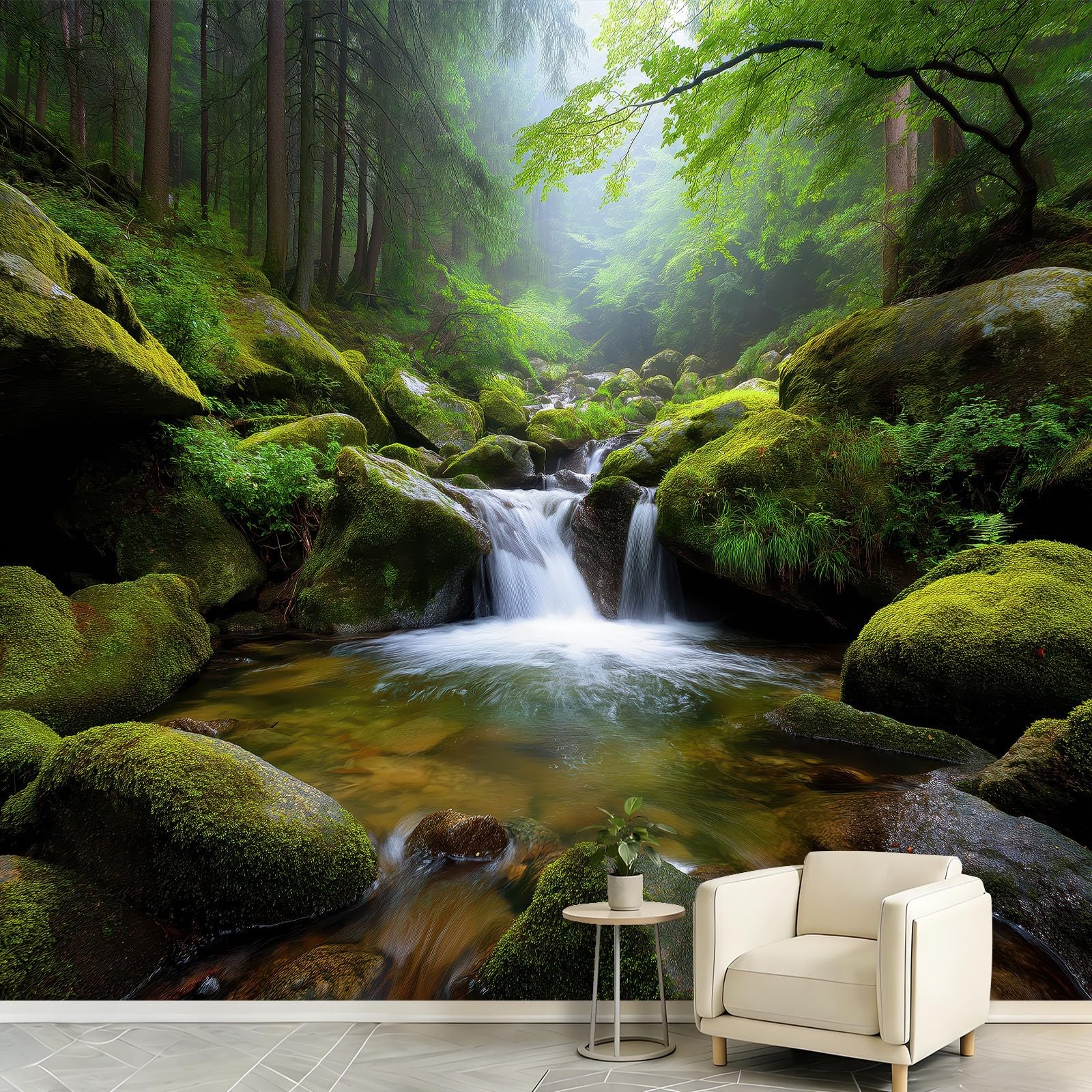 Fototapeta z włókniny, natura, krajobraz, las, 200 x 140 cm – fototapeta do sypialni, salonu, tapeta na fizelinie XXL, tapeta ścienna z motywem, dekoracja ścienna – roślina strumień, drzewa
