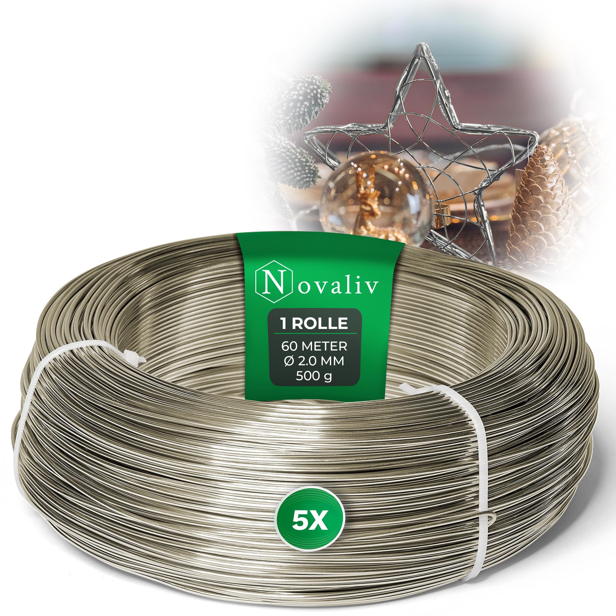 Novaliv Drut aluminiowy 2 mm, 300 m, kolor szampański, idealny jako drut giętki do majsterkowania, wszechstronny do projektów DIY i dekoracji, 60 m rolka drutu dekoracyjnego, drut do kwiatów, bez