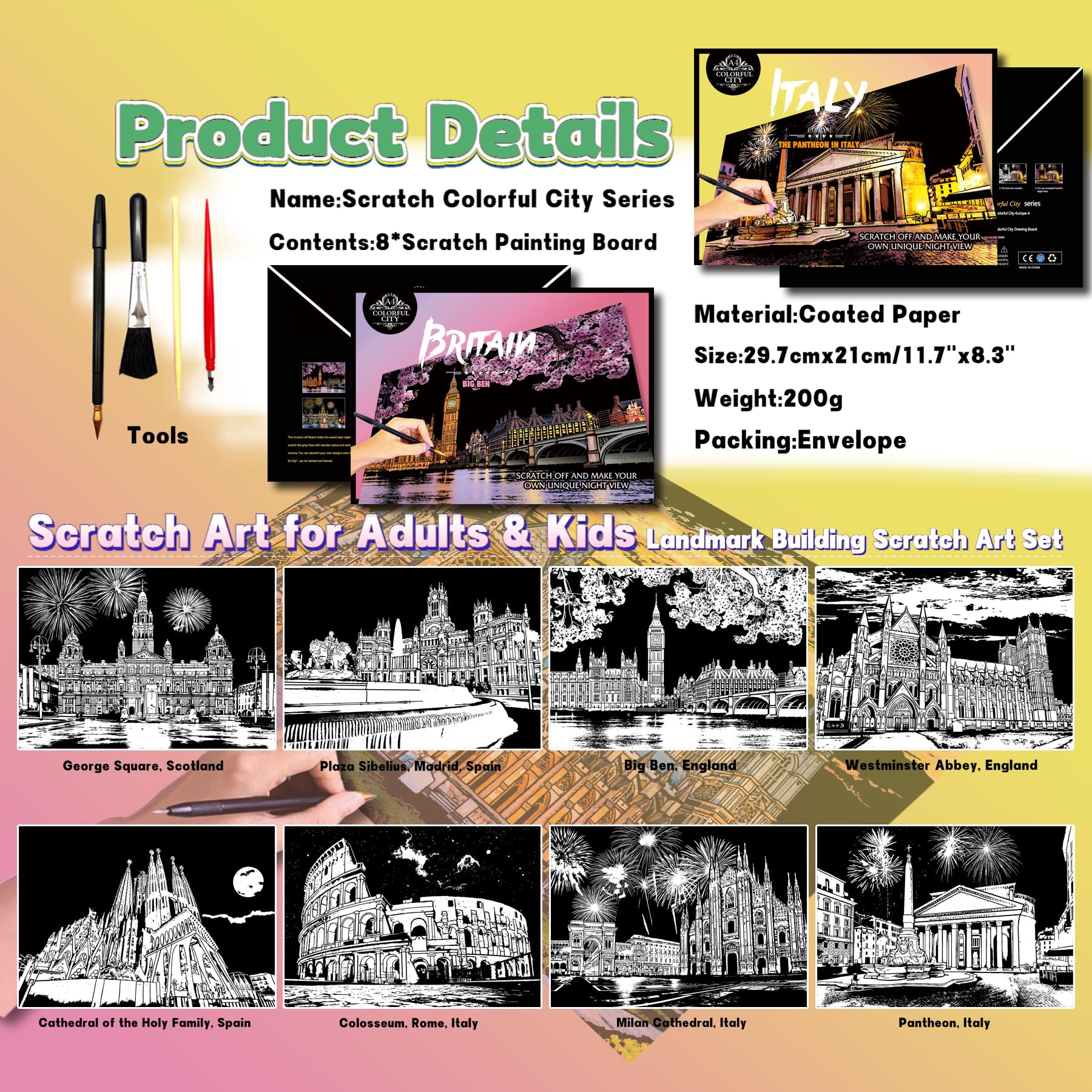 SiYear Scratch Art Painting Paper Set for Adults & Kids,Landmark Building City Series Night Scene,Scratchboard Creative Gift DIY Foil Engraving Crafts with 4 Tools (Europe Series -8Pack) - Image 4