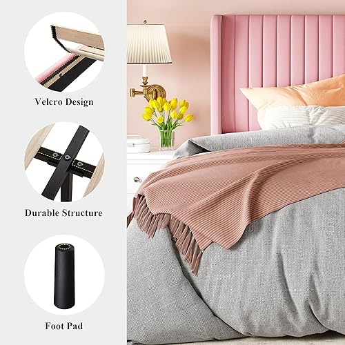 Miniatura 8 de Allewie Full Size Velvet Bed Frame/Vertical Channel Tufted Wingback Headboard/Upholstered Platform Bed/Strong Wooden Slats/No Box Spring Needed/Easy