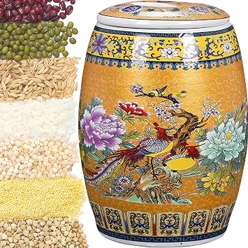 Ceramic canister,Rice Dispenser Ceramic ,Large Ceramic Rice Container,Ceramic Rice Jar with Lid,Storage Bin for Rice Ceramic ,Storage Bin for Rice Ceramic for Rice, Soybeans, Corn, Flour, OatmealGold